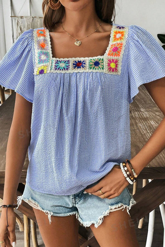 Sky Blue Stripe Textured Ruffle Short Sleeve Boho Detail Square Neck Blouse-Tops/Blouses & Shirts-[Adult]-[Female]-Sky Blue Stripe-S-2022 Online Blue Zone Planet