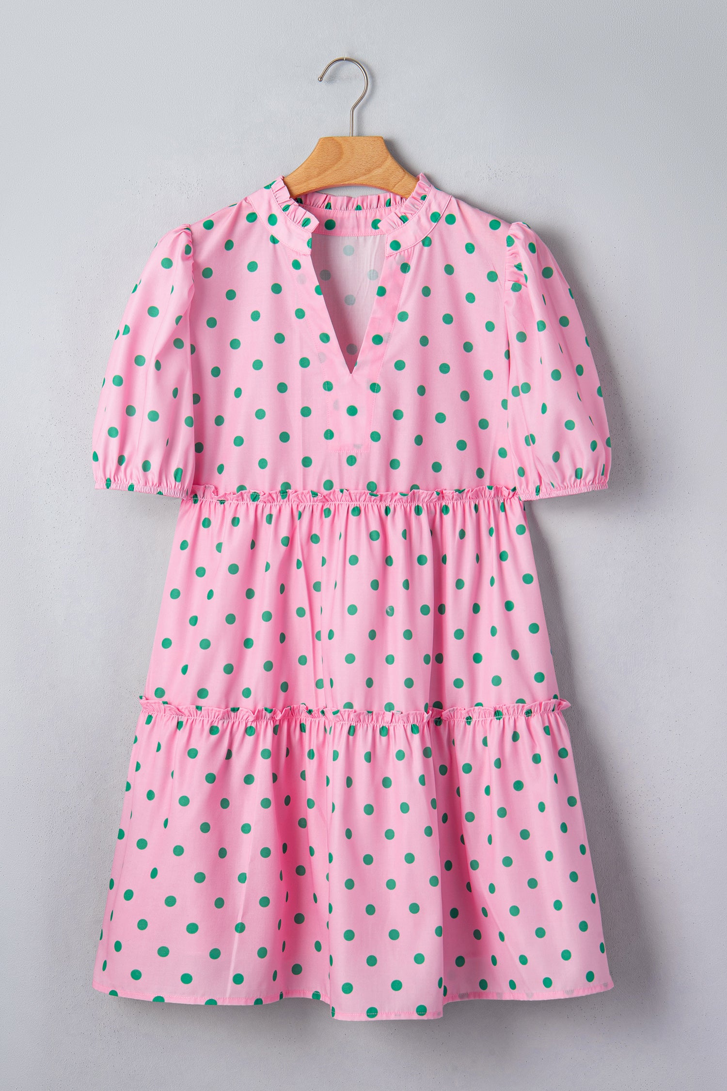 Pink Polka Dot Print V Neck Short Sleeve Tiered Mini Dress-TOPS / DRESSES-[Adult]-[Female]-2022 Online Blue Zone Planet