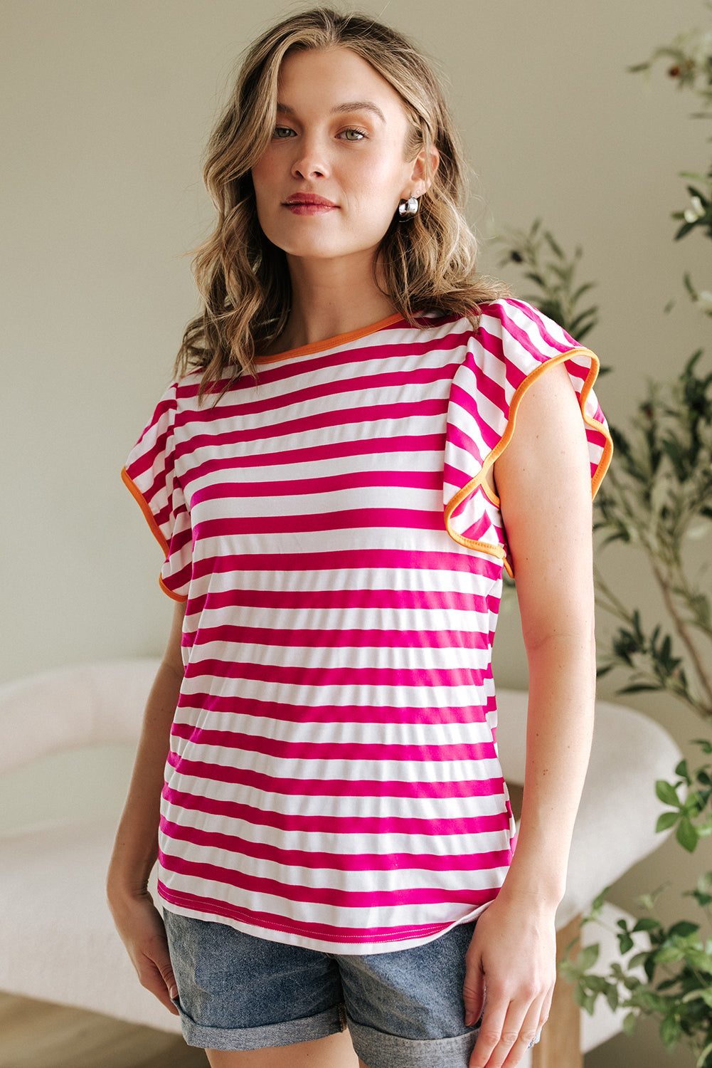 Rose Red Striped Ruffle Sleeve Crew Neck Blouse-Tops/Blouses & Shirts-[Adult]-[Female]-2022 Online Blue Zone Planet