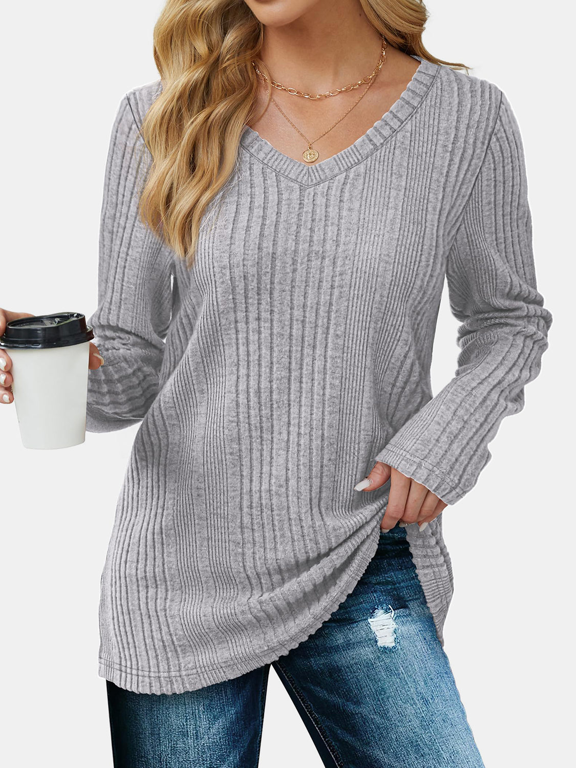 V-Neck Long Sleeve T-Shirt-TOPS / DRESSES-[Adult]-[Female]-2022 Online Blue Zone Planet