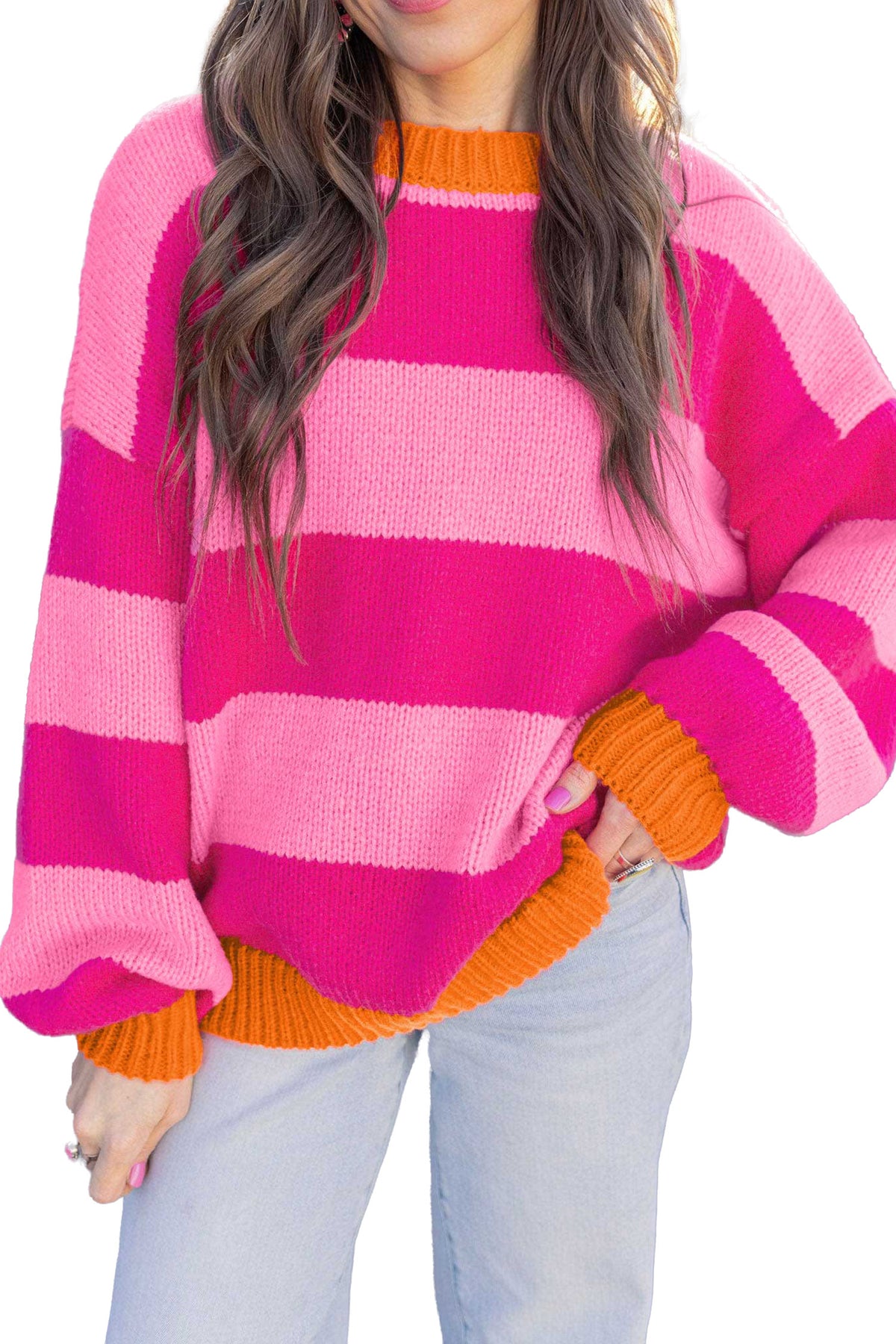 Rose Stripe Casual Colorblock Knit Drop Shoulder Relaxed Sweater-TOPS / DRESSES-[Adult]-[Female]-2022 Online Blue Zone Planet