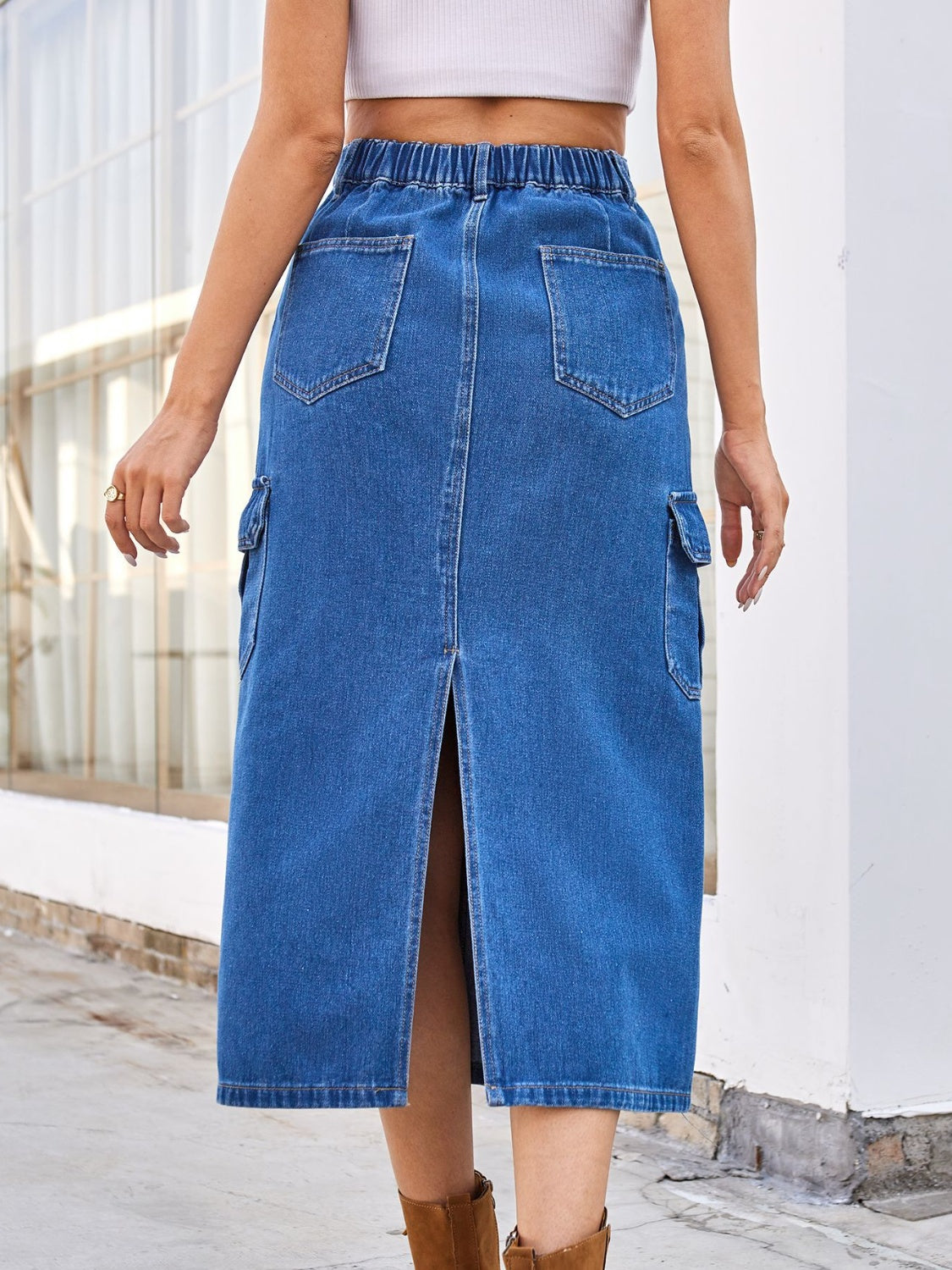 Slit Midi Denim Skirt with Pockets-[Adult]-[Female]-2022 Online Blue Zone Planet