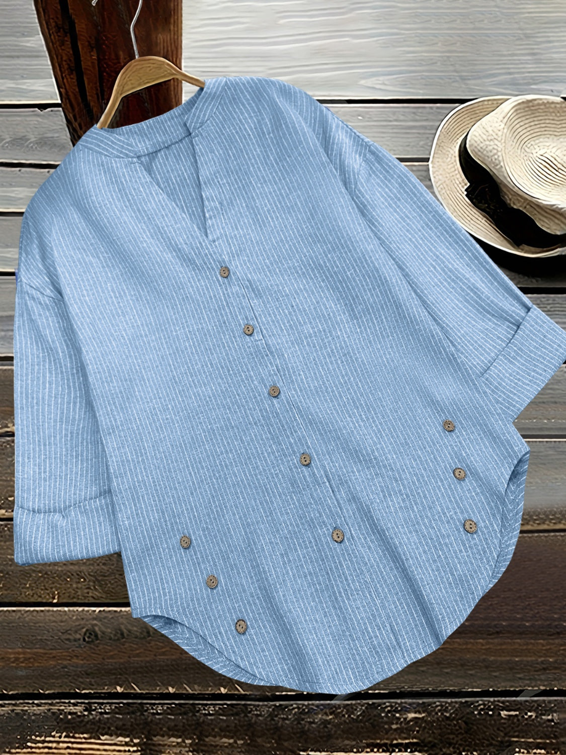 Striped Notched Long Sleeve Blouse-TOPS / DRESSES-[Adult]-[Female]-2022 Online Blue Zone Planet