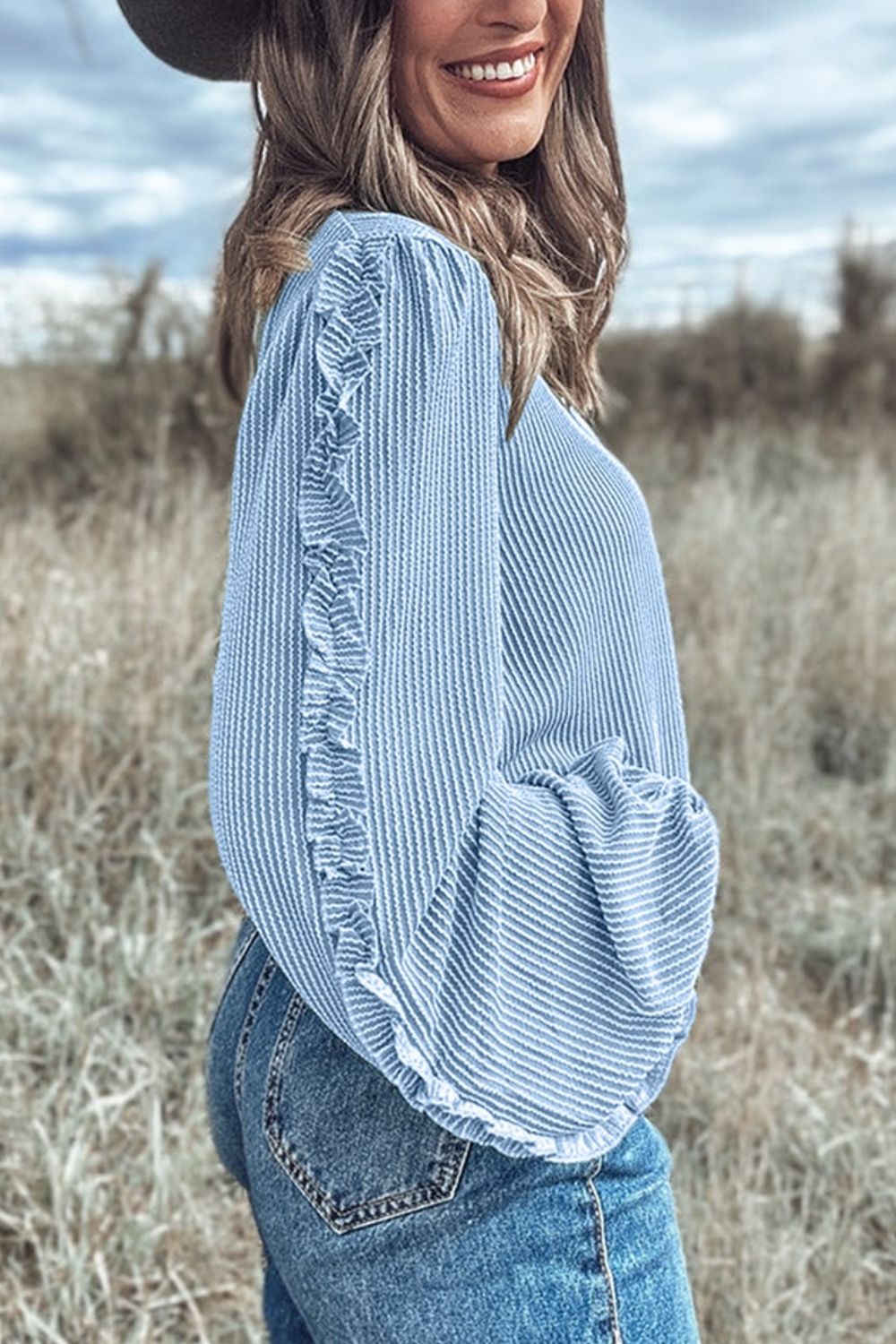 Blue Zone Planet | Frill Texture Round Neck Long Sleeve Sweatshirt-SWEATERS-[Adult]-[Female]-2022 Online Blue Zone Planet