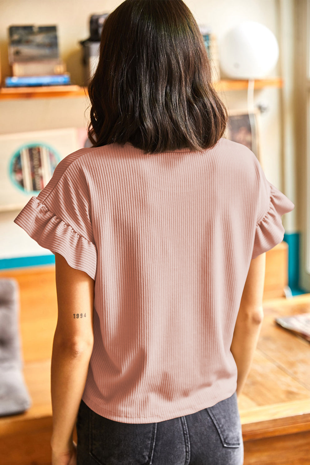 Dusty Pink Solid Color Ribbed Ruffled Short Sleeve T Shirt-Tops/Tops & Tees-[Adult]-[Female]-2022 Online Blue Zone Planet