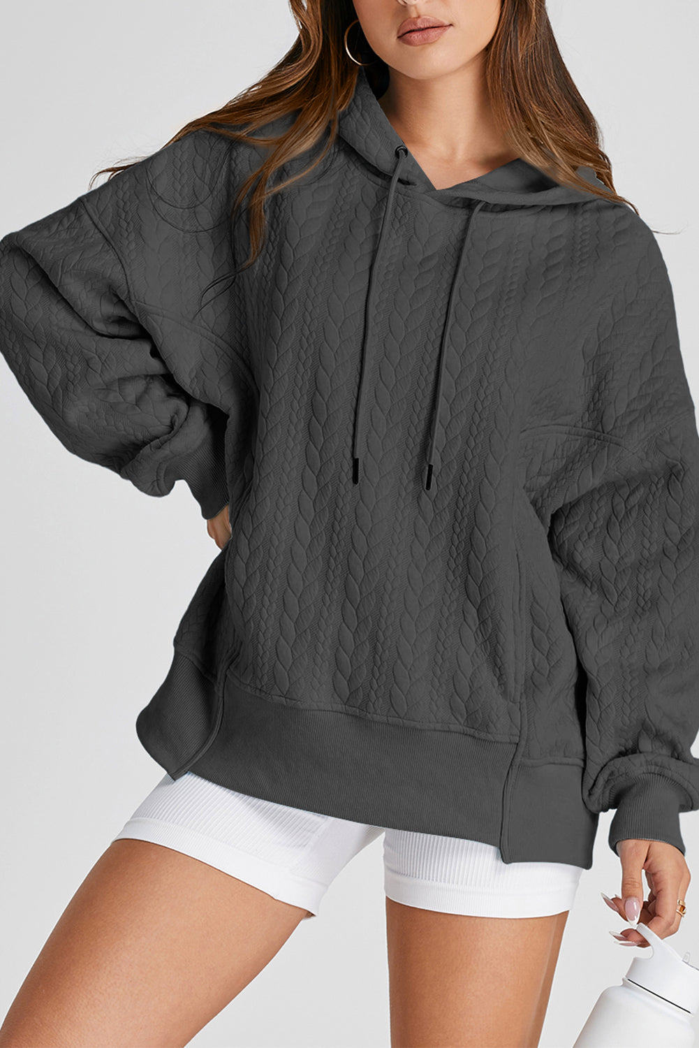 Gray Cable Textured Baggy Solid Hoodie-Tops / Dresses-[Adult]-[Female]-Gray-S-2022 Online Blue Zone Planet