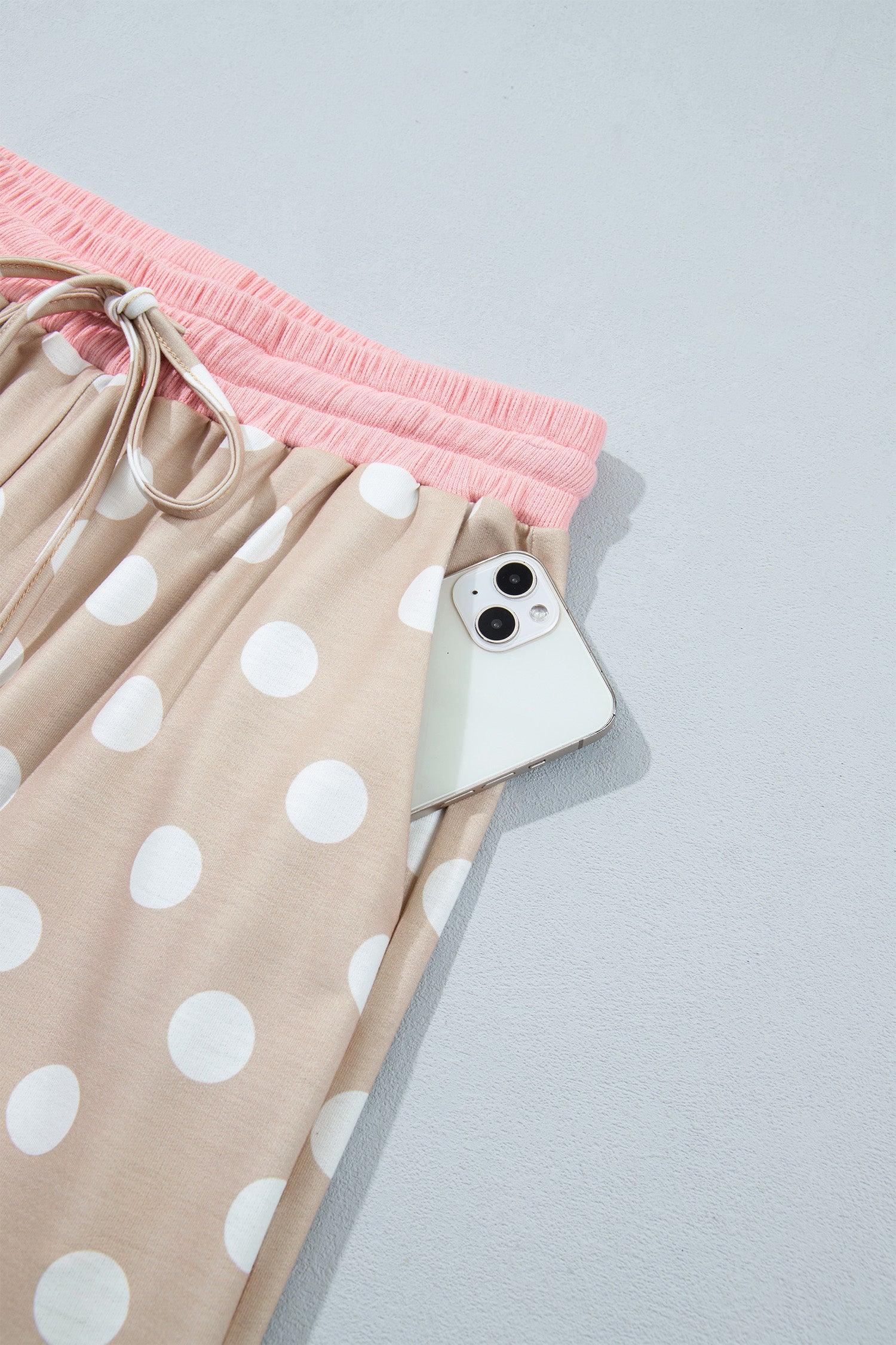 Khaki Polka Dot Contrast Trim Long Sleeve Top Drawstring Shift Pants Set-Two Piece Sets/Pant Sets-[Adult]-[Female]-2022 Online Blue Zone Planet