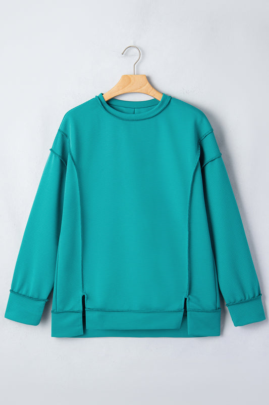 Sea Green Horizontal Ribbed Exposed Seam Detail Drop Shoulder Baggy Pullover-Tops/Long Sleeve Tops-[Adult]-[Female]-2022 Online Blue Zone Planet
