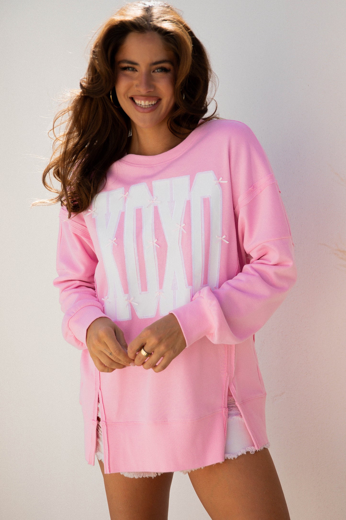 Pink Bow Sequin XOXO Letter Graphic Exposed Seam Baggy Sweatshirt-Tops/Sweatshirts & Hoodies-[Adult]-[Female]-2022 Online Blue Zone Planet