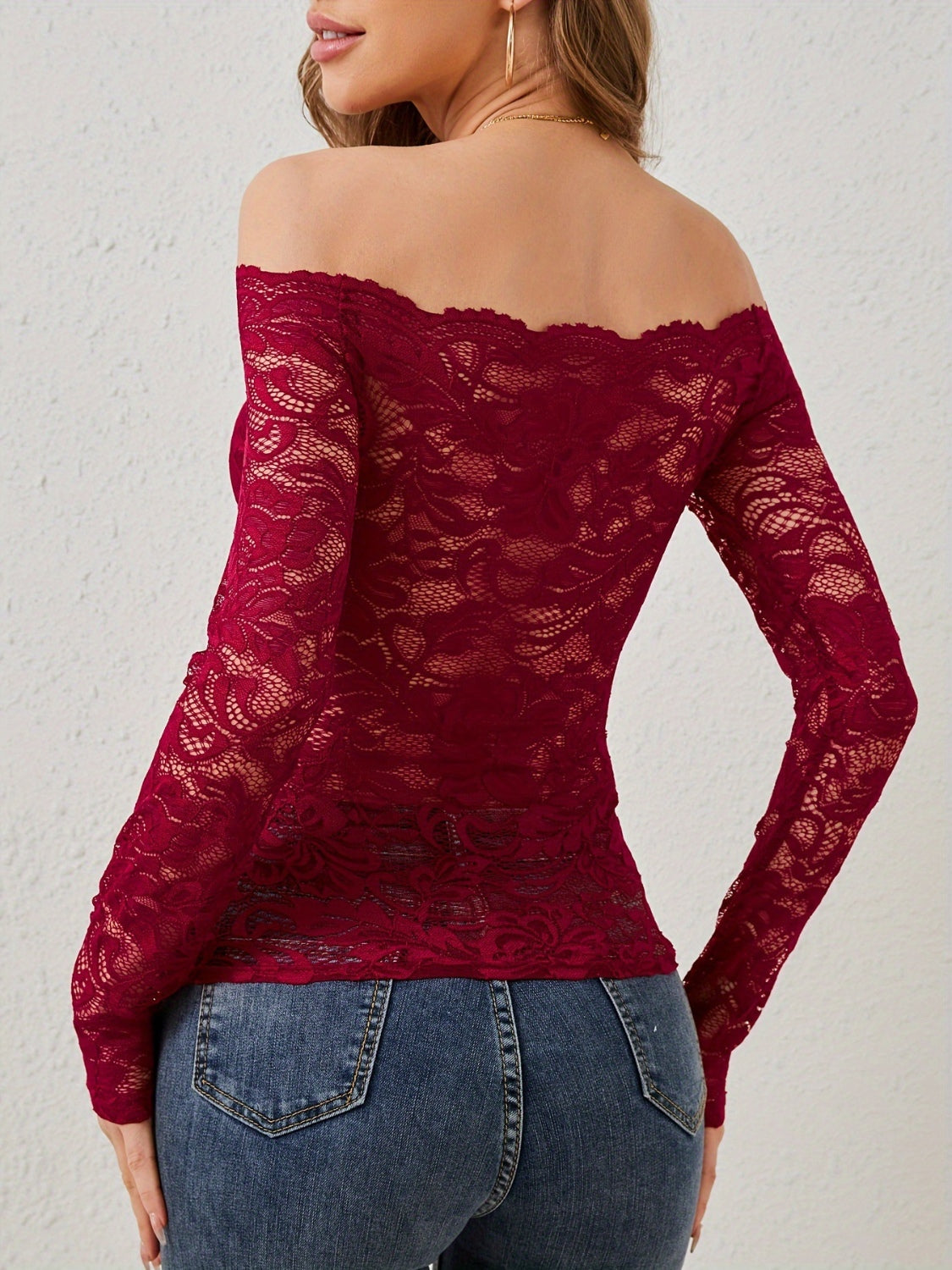 Off-Shoulder Long Sleeve Lace Top-TOPS / DRESSES-[Adult]-[Female]-2022 Online Blue Zone Planet