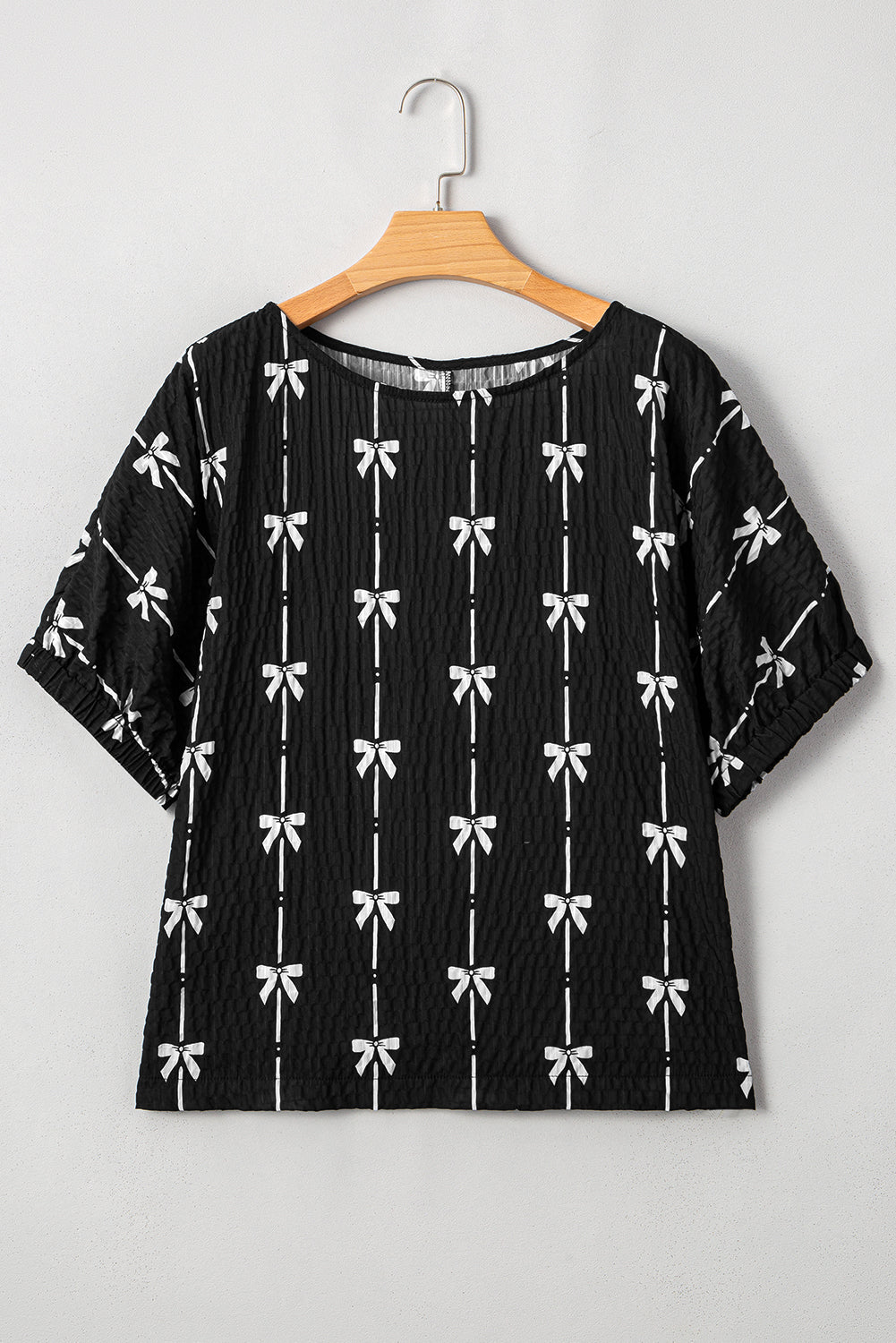 Black Bow Print Puff Short Sleeve Top-Tops/Blouses & Shirts-[Adult]-[Female]-2022 Online Blue Zone Planet