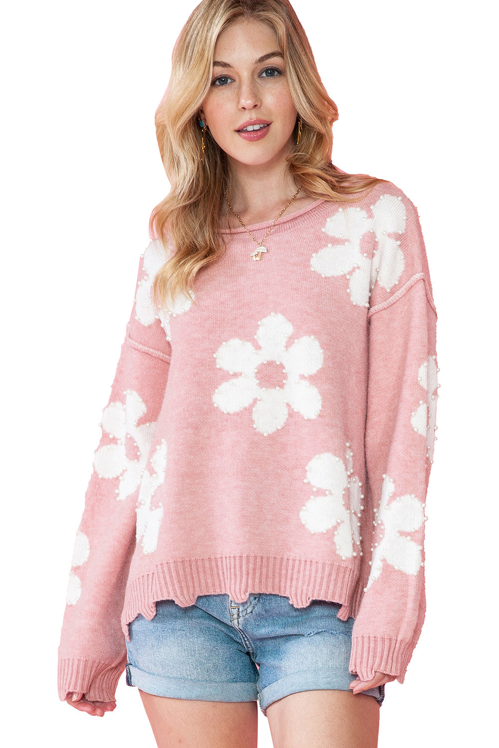 Bonbon Pearl Beaded Heart Drop Shoulder Sweater-Sweaters-[Adult]-[Female]-2022 Online Blue Zone Planet