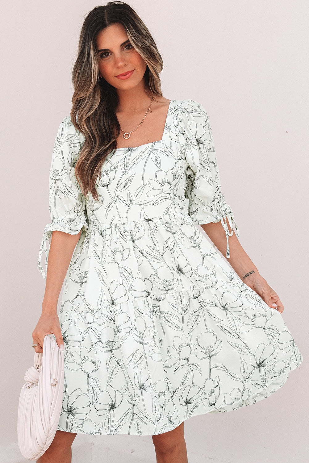 Beige Floral Print Square Neck Shirred Back Puff Sleeve Mini Dress-TOPS / DRESSES-[Adult]-[Female]-2022 Online Blue Zone Planet