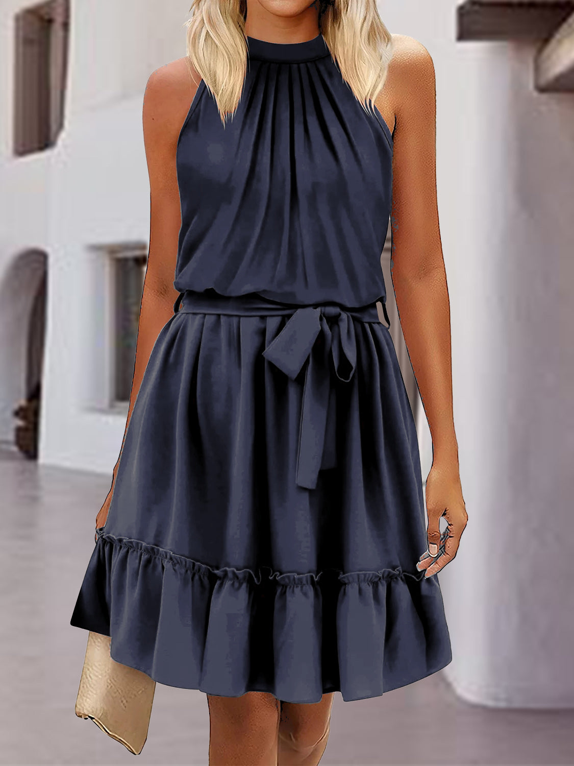 Frill Tied Mock Neck Sleeveless Dress-TOPS / DRESSES-[Adult]-[Female]-Dark Blue-S-2022 Online Blue Zone Planet