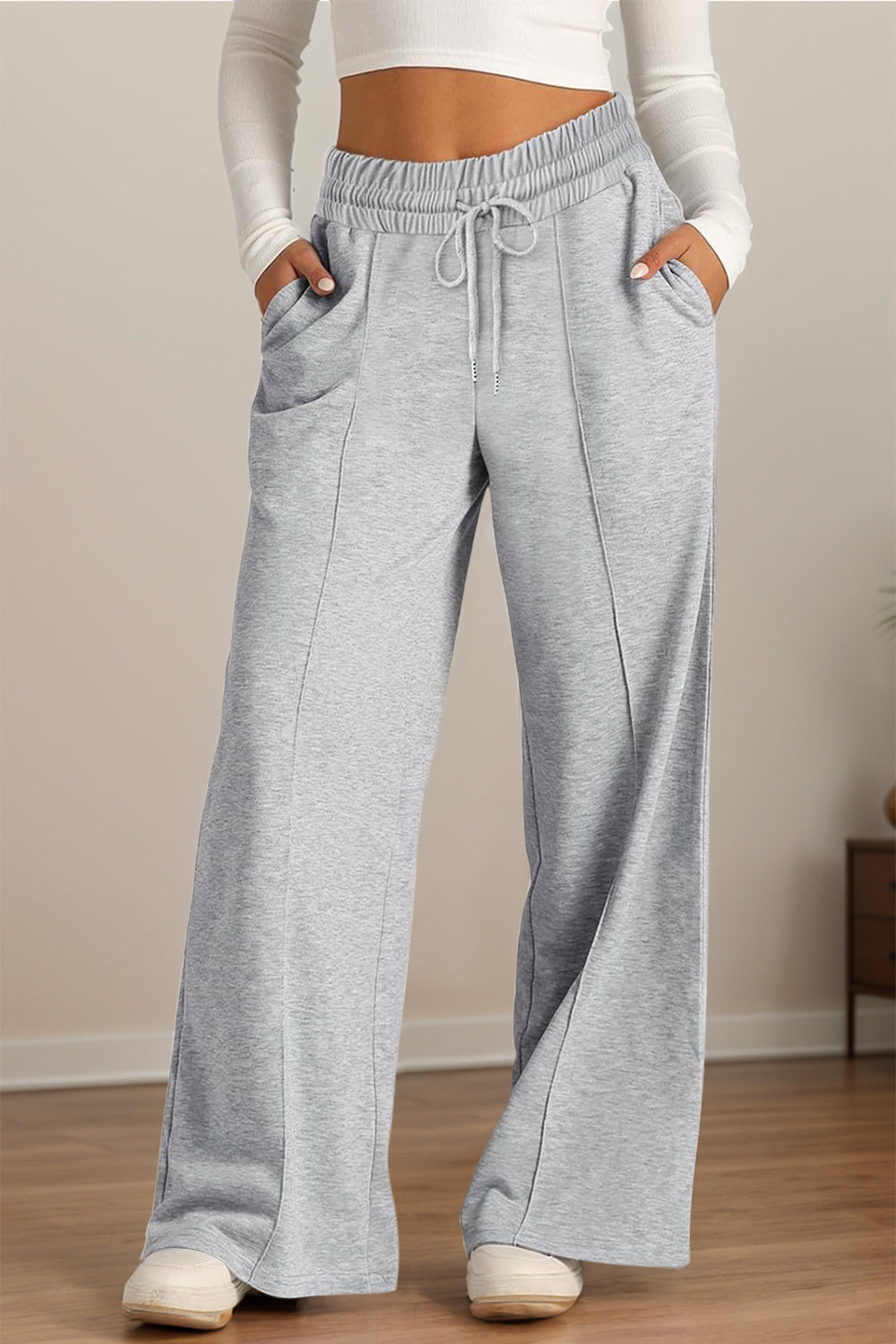 Drawstring Elastic Waist Wide Leg Pants-BOTTOMS SIZES SMALL MEDIUM LARGE-[Adult]-[Female]-Gray-S-2022 Online Blue Zone Planet