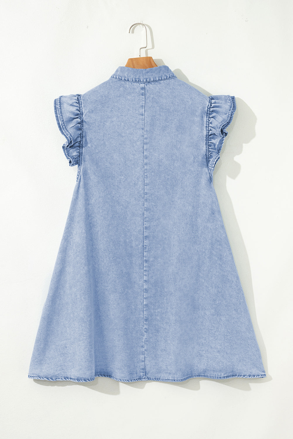 Beau Blue Double Ruffled Sleeves Buttoned A-line Collared Mini Denim Dress-TOPS / DRESSES-[Adult]-[Female]-2022 Online Blue Zone Planet