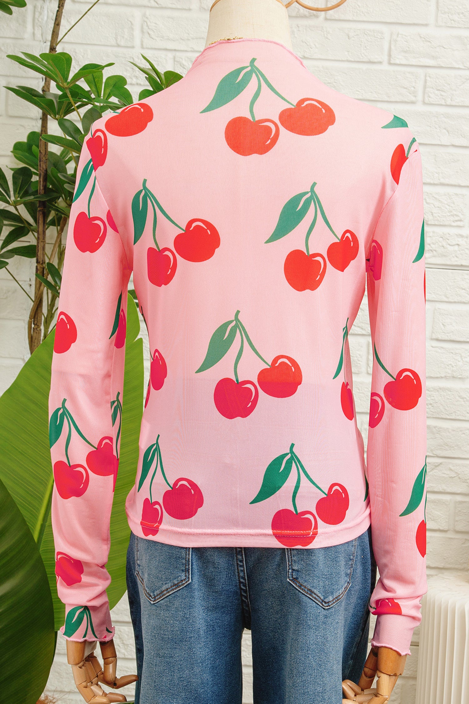 Pink Cherry Print Lettuce Trim Long Sleeve Mesh Top-Tops/Long Sleeve Tops-[Adult]-[Female]-2022 Online Blue Zone Planet
