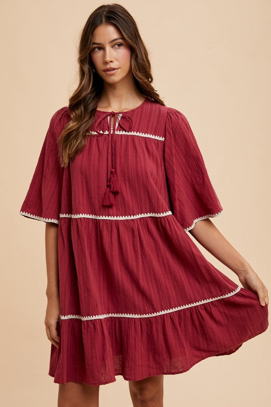 Annie Wear Tassel Contrast Trim Tie Neck Half Sleeve Tiered Dress-TOPS / DRESSES-[Adult]-[Female]-2022 Online Blue Zone Planet