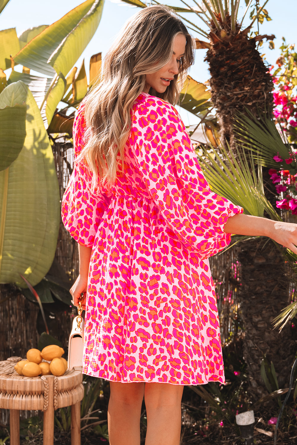 Blue Zone Planet | Pink Leopard Print Elasticated V Neck 3/4 Puff Sleeve Dress-TOPS / DRESSES-[Adult]-[Female]-2022 Online Blue Zone Planet