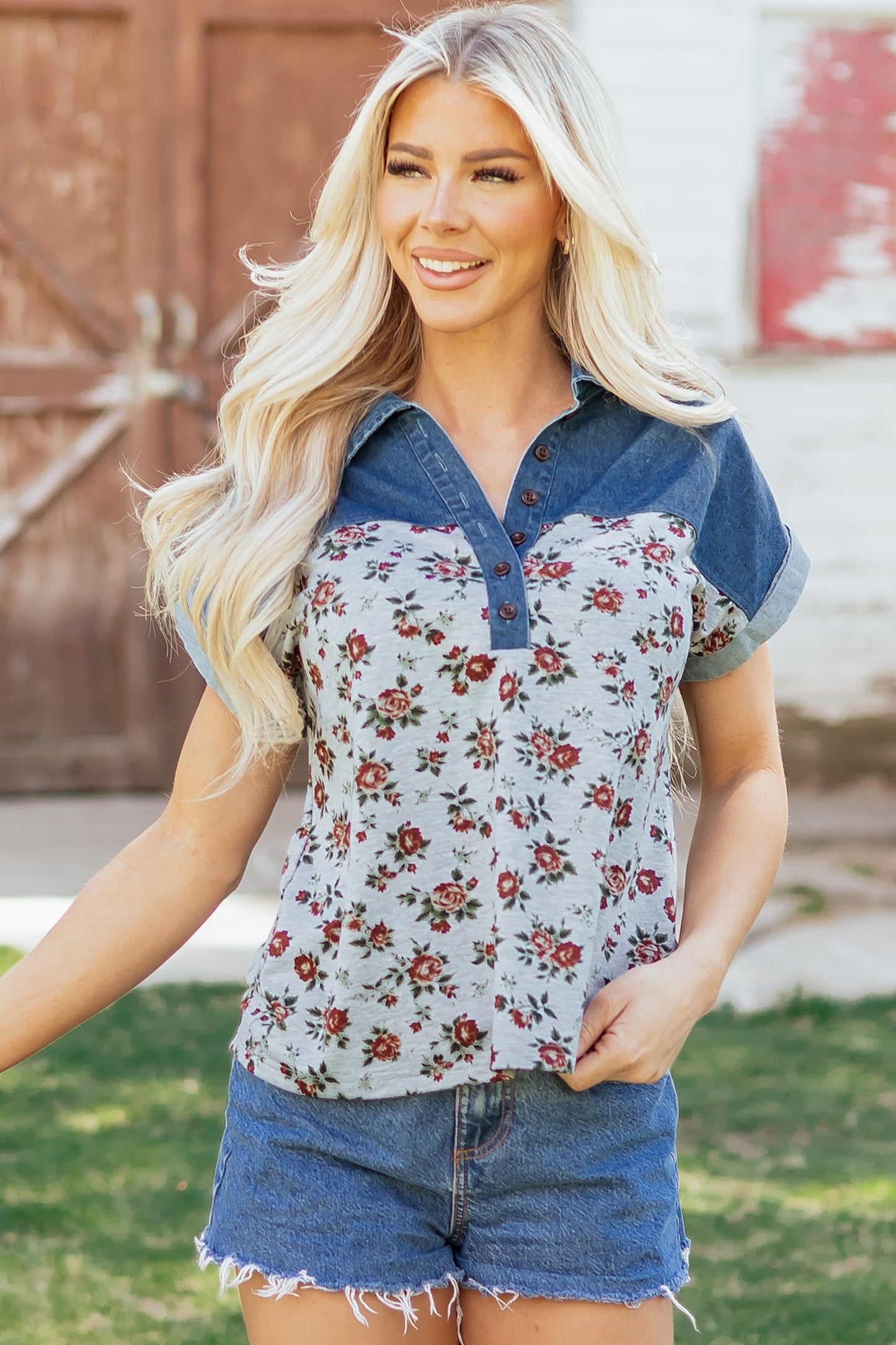 Gray Retro Floral Print Denim Patchwork Buttoned Polo Collar Top-Tops/Blouses & Shirts-[Adult]-[Female]-2022 Online Blue Zone Planet