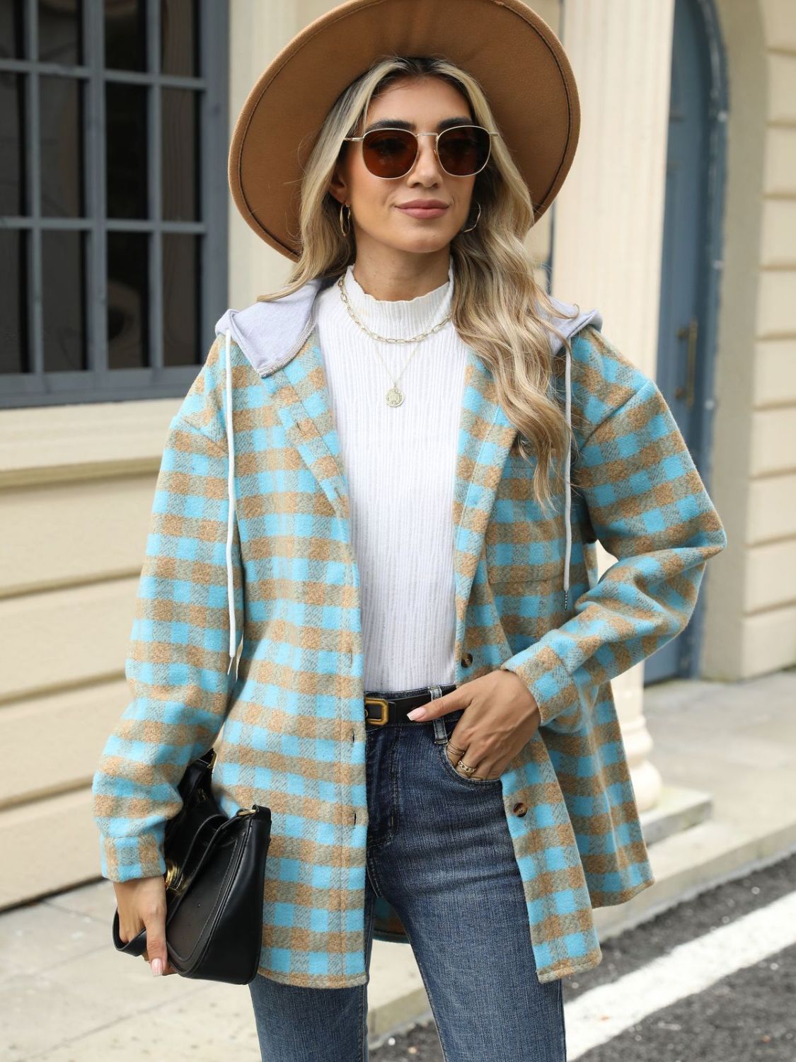 Drawstring Plaid Long Sleeve Hooded Jacket-TOPS / DRESSES-[Adult]-[Female]-Pastel Blue-S-2022 Online Blue Zone Planet