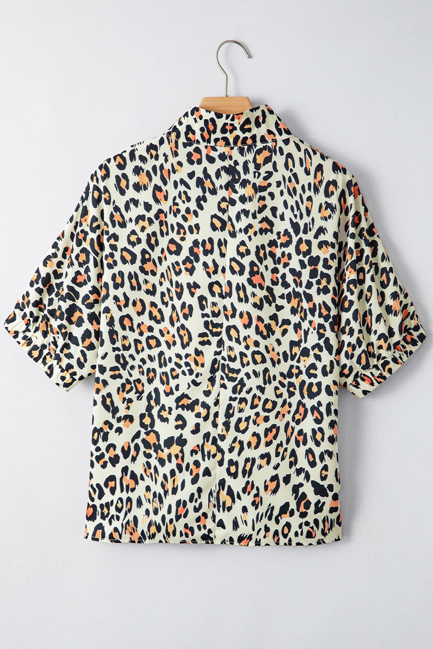 Khaki Leopard Color Block Contrast Striped V Neck Half Sleeve Loose Fit Blouse-Tops/Blouses & Shirts-[Adult]-[Female]-2022 Online Blue Zone Planet