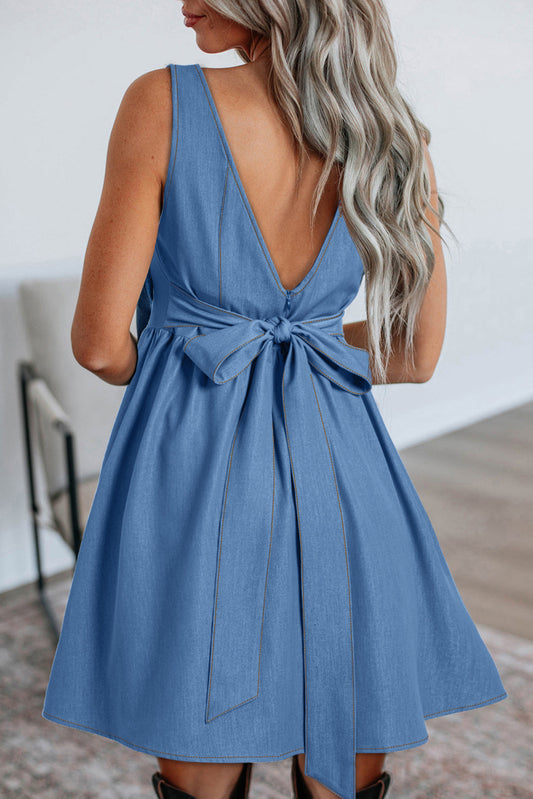 Myosotis Bowknot A-line Sleeveless Mini Dress-Short Dresses-[Adult]-[Female]-Myosotis-L-2022 Online Blue Zone Planet