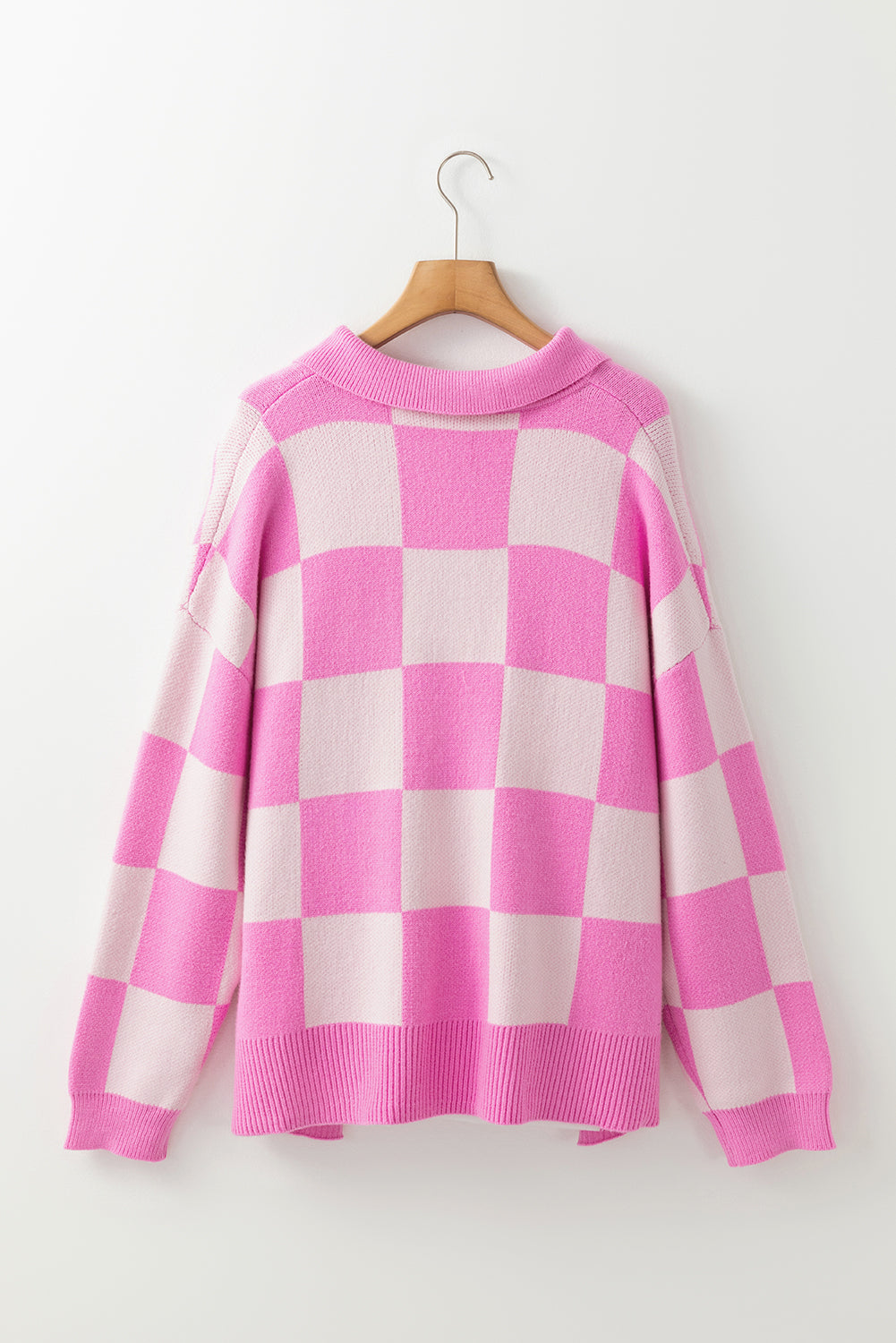 Slit Checkered Half Button Long Sleeve Sweater-TOPS / DRESSES-[Adult]-[Female]-2022 Online Blue Zone Planet