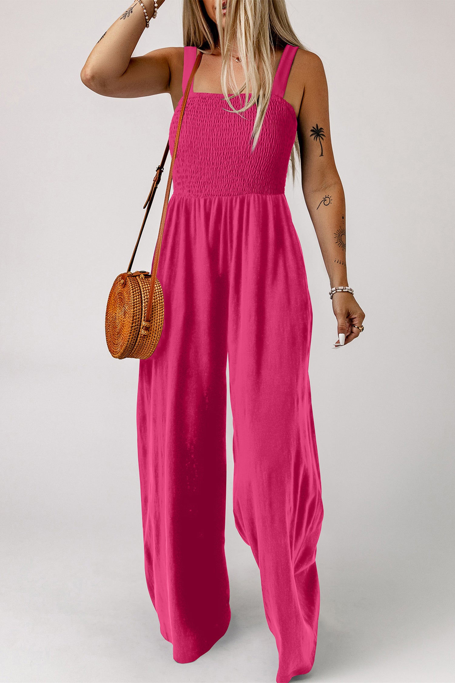Rose Red Smocked Square Neck Sleeveless Jumpsuit with Pockets-Bottoms/Jumpsuits & Rompers-[Adult]-[Female]-2022 Online Blue Zone Planet