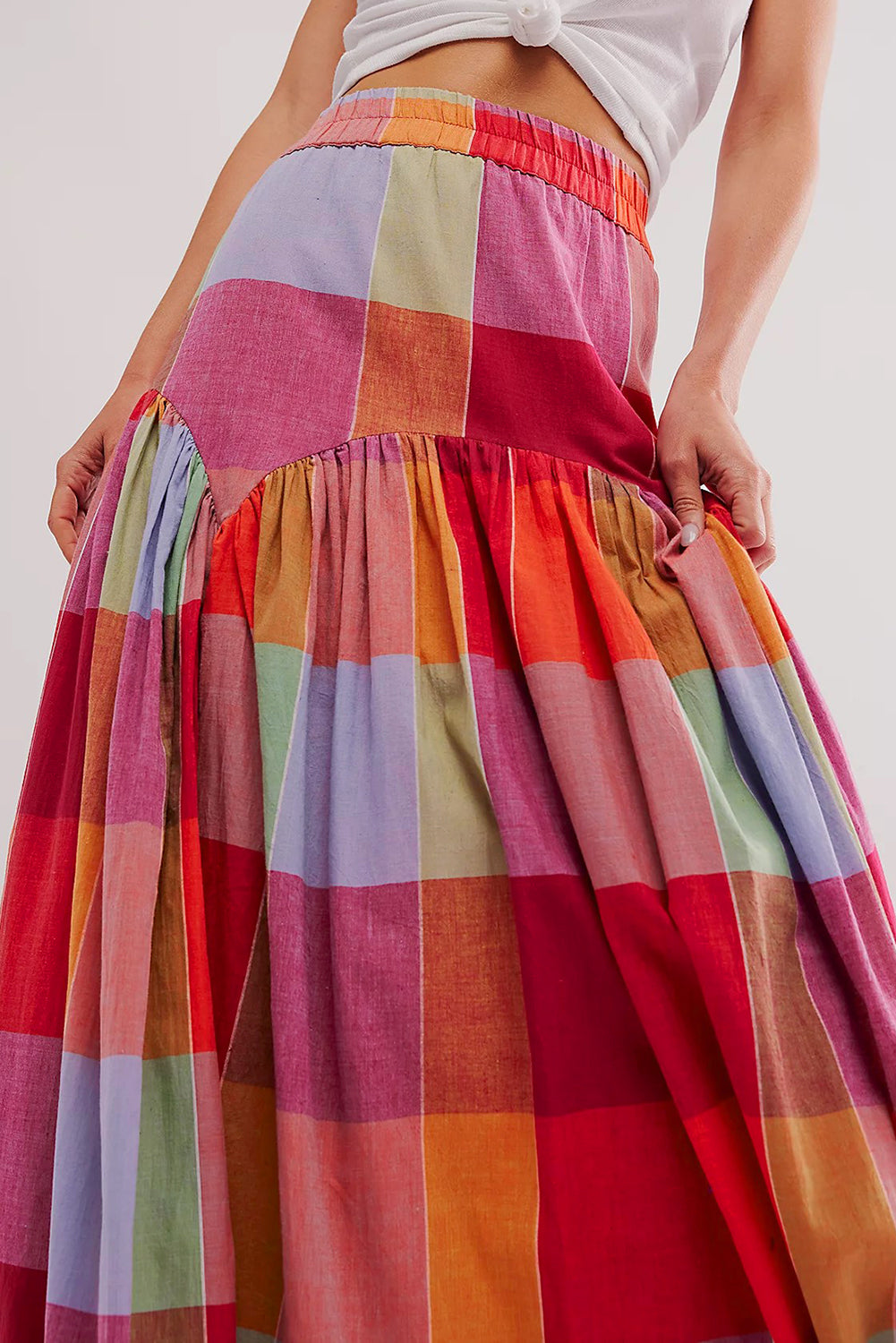 Blue Zone Planet | Multicolour Plaid Print Ruched High Waist Casual Maxi Skirt-Bottoms/Skirts & Petticoat-[Adult]-[Female]-2022 Online Blue Zone Planet