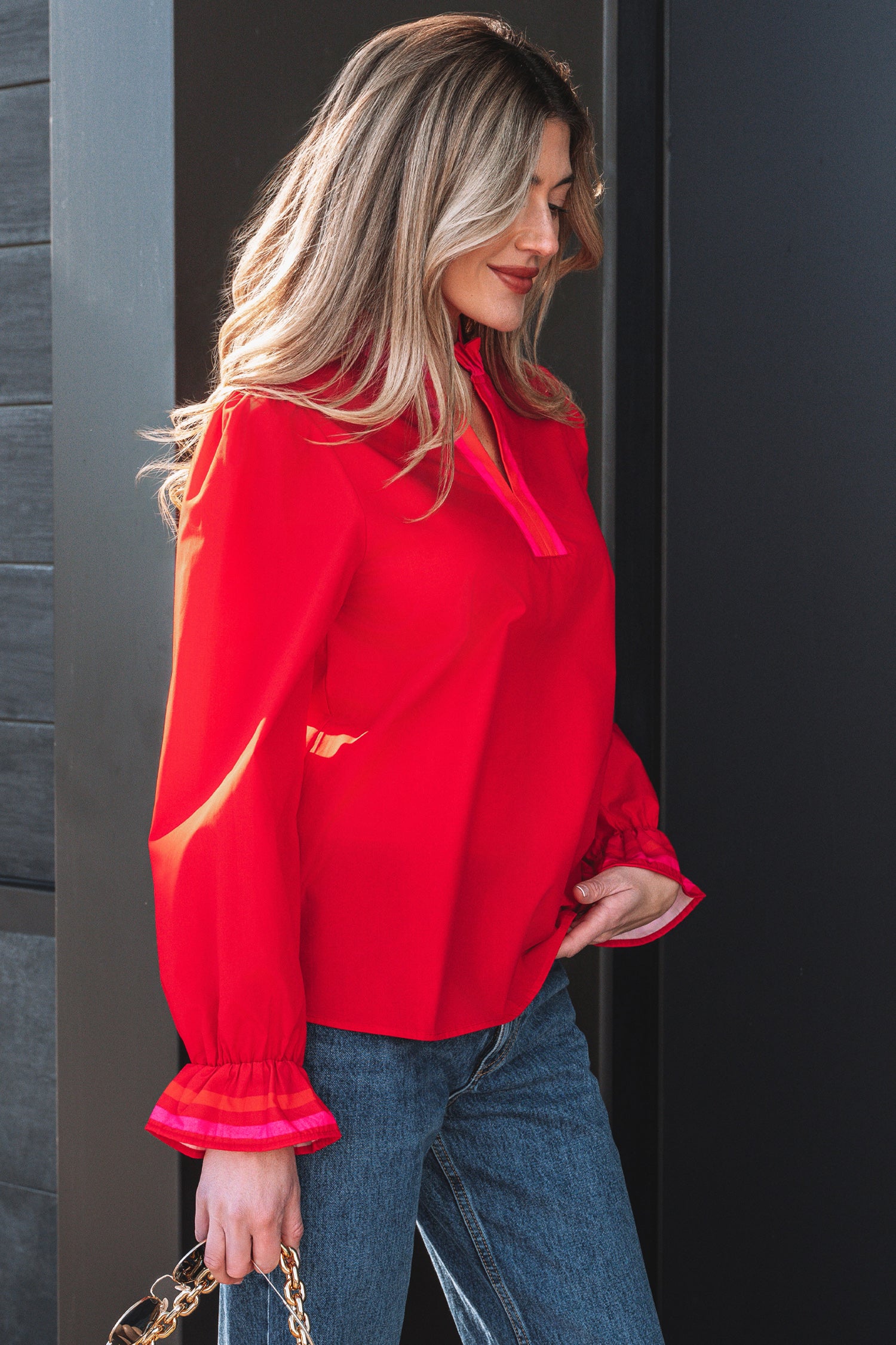Black Striped Trim Ruffle Split Neck Long Sleeve Blouse-Tops/Blouses & Shirts-[Adult]-[Female]-2022 Online Blue Zone Planet
