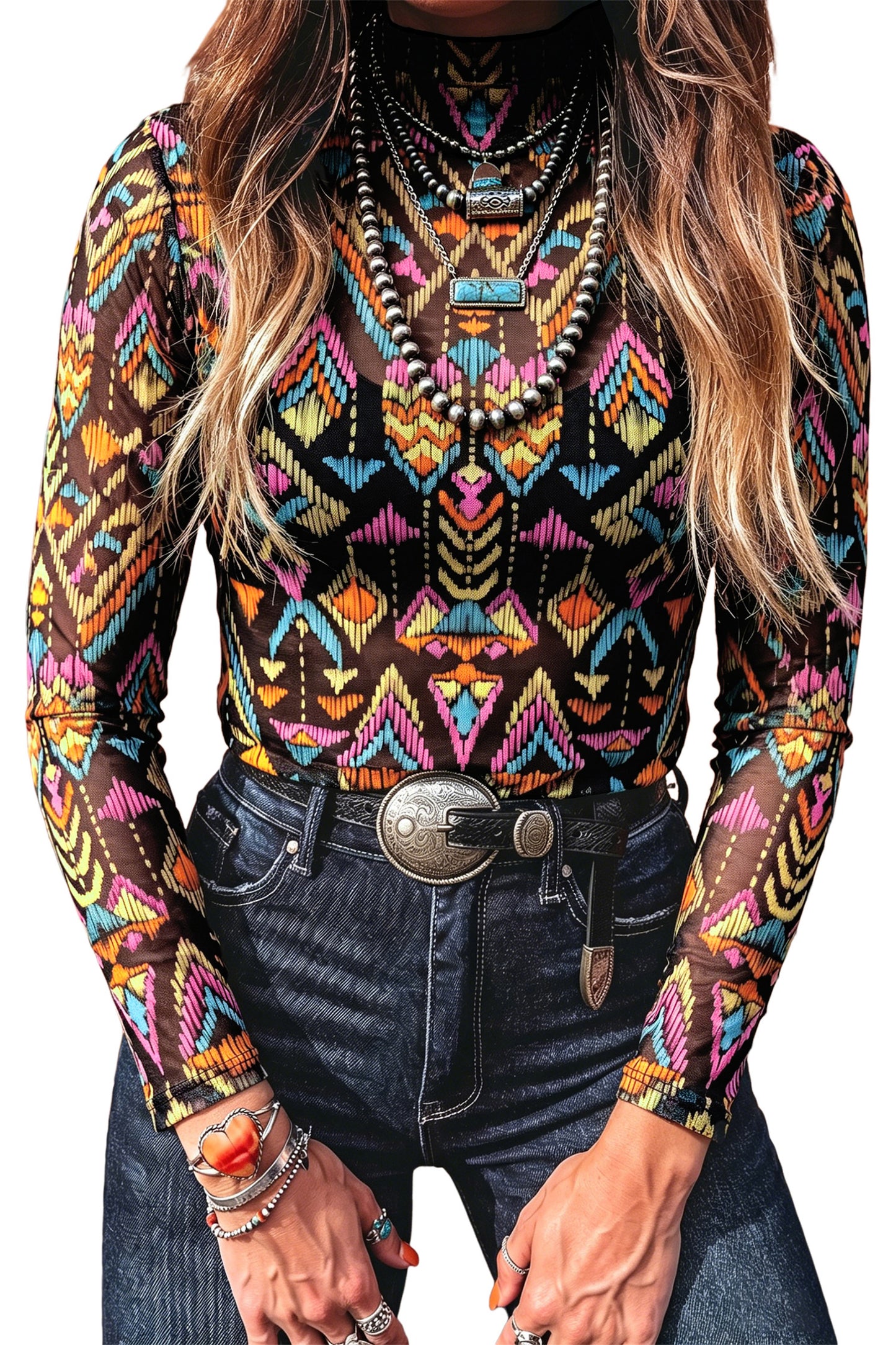 Color black Abstract Print Long Sleeve Stand Neck Mesh Top-Tops/Long Sleeve Tops-[Adult]-[Female]-2022 Online Blue Zone Planet