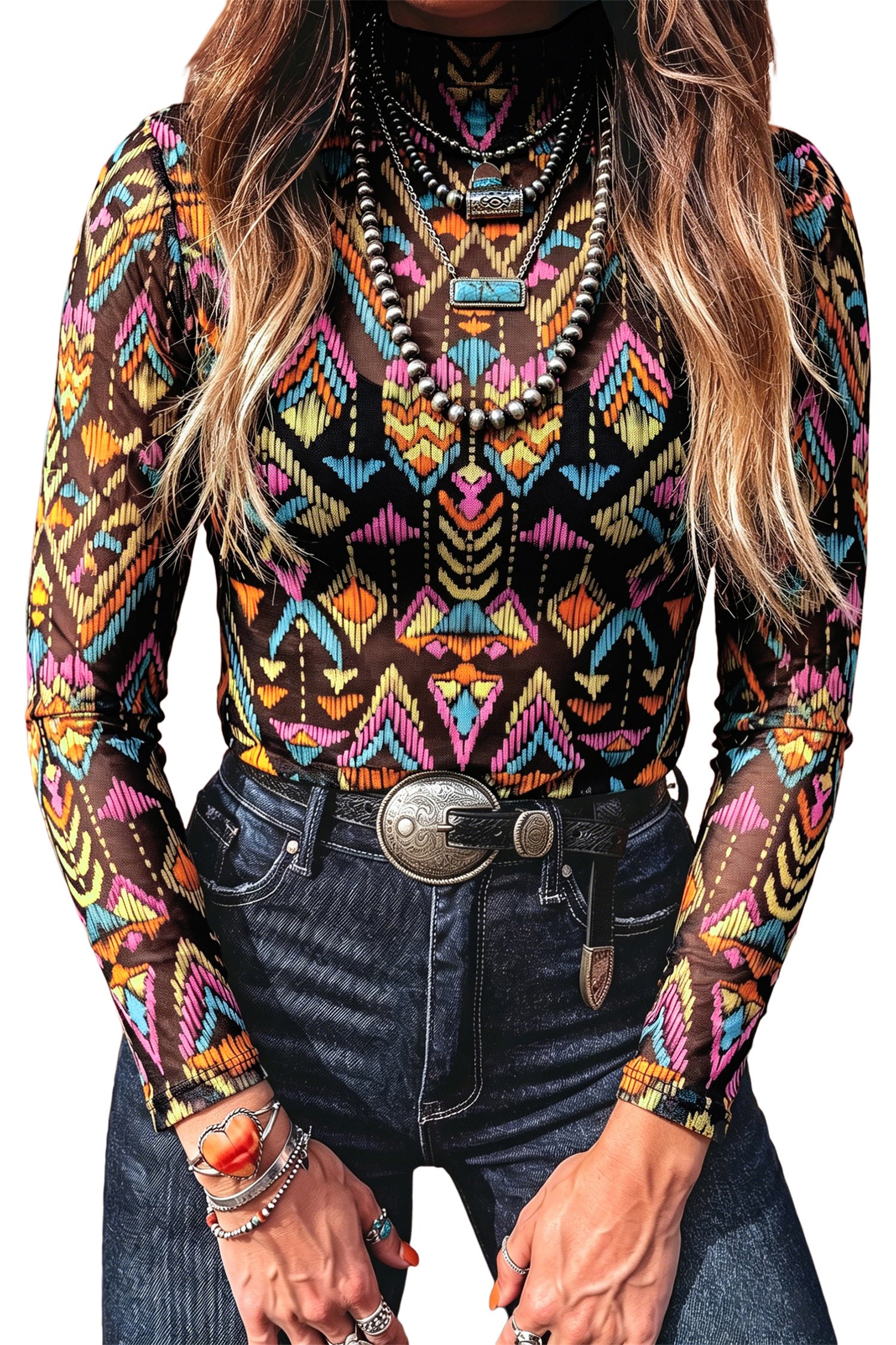 Color black Abstract Print Long Sleeve Stand Neck Mesh Top-Tops/Long Sleeve Tops-[Adult]-[Female]-2022 Online Blue Zone Planet