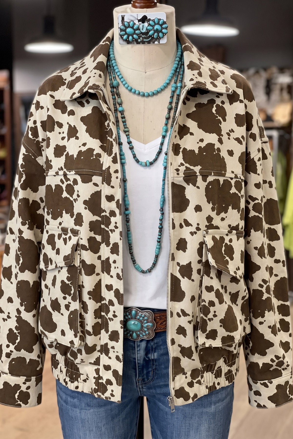 Brown Western Cow Print Cargo Pocket Denim Jacket-Outerwear/Denim jackets-[Adult]-[Female]-2022 Online Blue Zone Planet