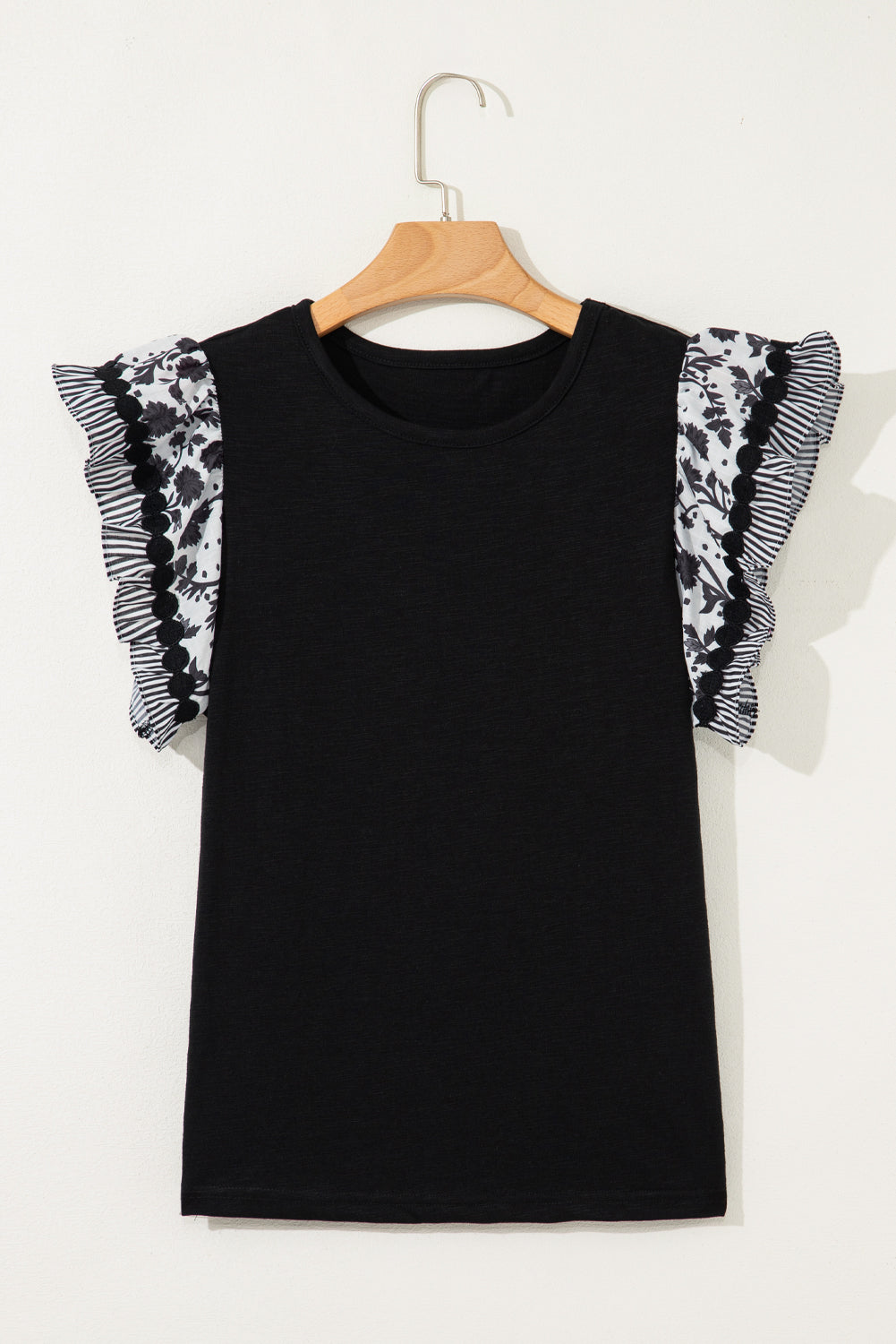 Black Ricrac Trim Printed Flutter Sleeve Contrast Patchwork Blouse-Tops/Blouses & Shirts-[Adult]-[Female]-2022 Online Blue Zone Planet