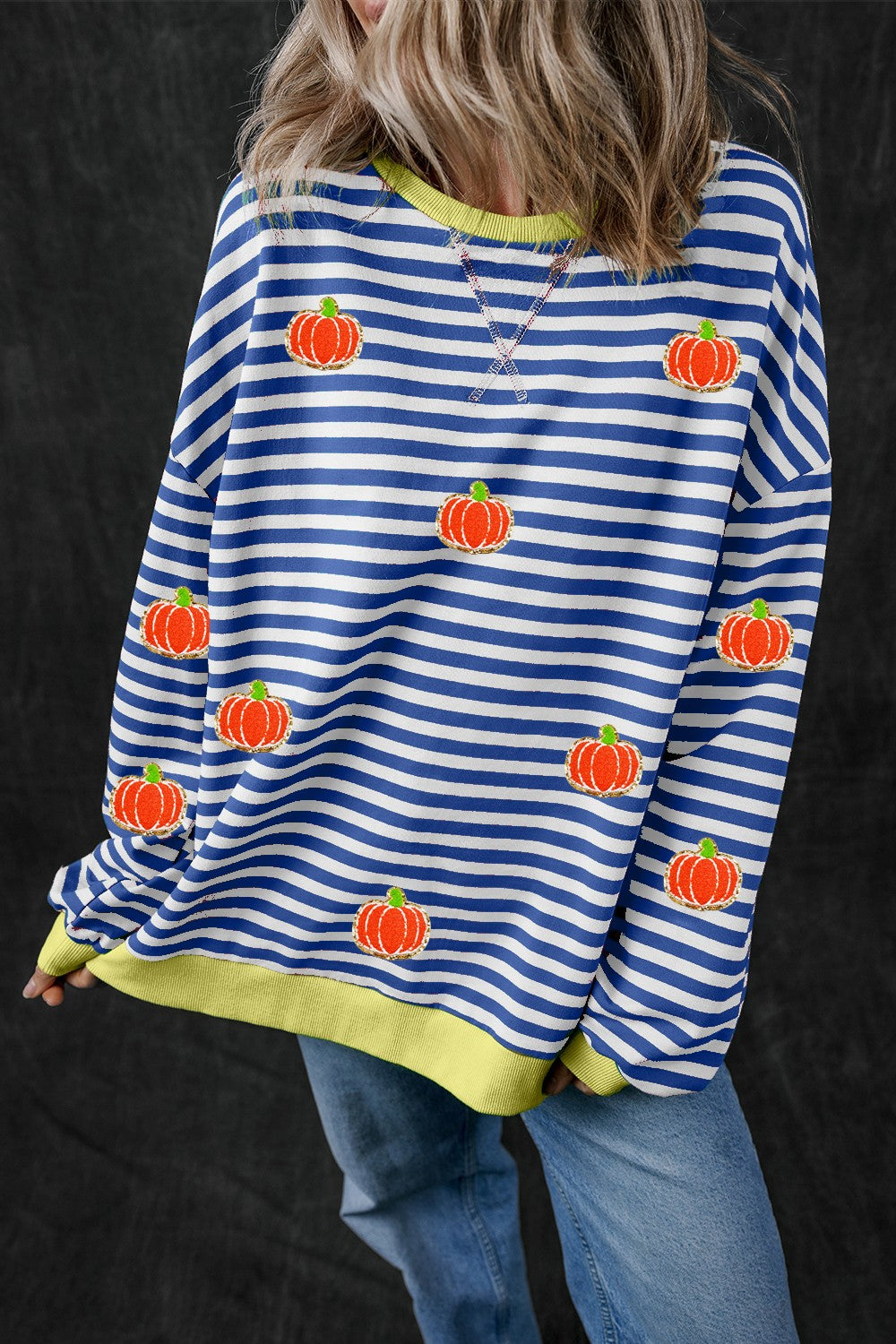 Blue Zone Planet | Pumpkin Striped Long Sleeve Sweatshirt-TOPS / DRESSES-[Adult]-[Female]-Navy-S-2022 Online Blue Zone Planet