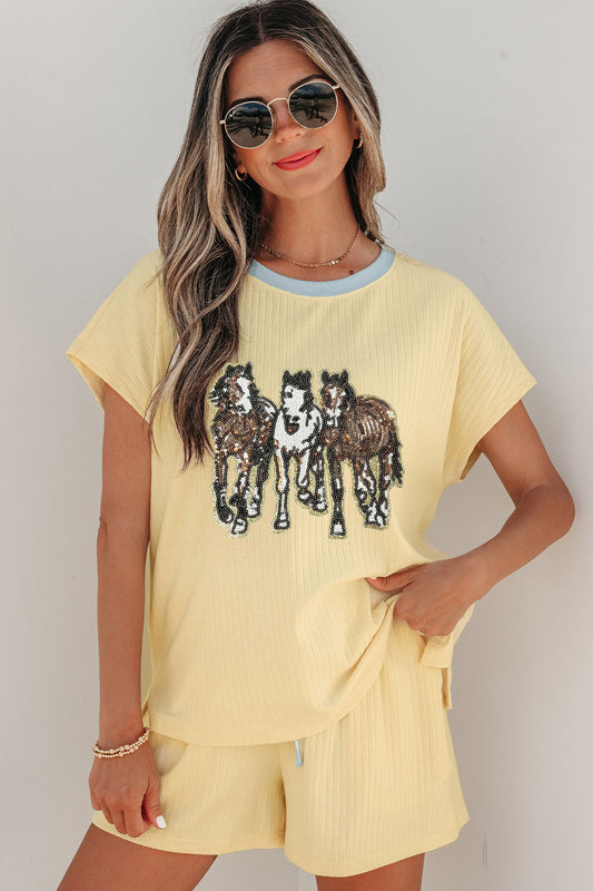 Yellow Cream Ribbed Knit Two Piece Set Sequin Horse Patched Casual Short Set-Graphic/Graphic Sets-[Adult]-[Female]-2022 Online Blue Zone Planet