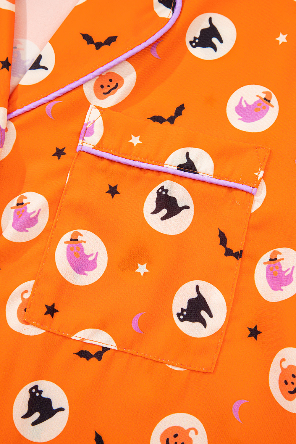 Orange Halloween Print Lapel Shirt Long 2pcs Pajama Set-Loungewear & Sleepwear/Sleepwear-[Adult]-[Female]-2022 Online Blue Zone Planet