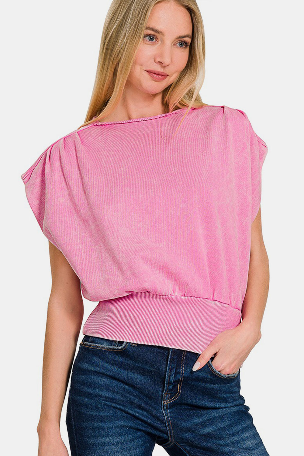 Zenana Washed Boat Neck Bottom Banded Dolman Sleeve Top-TOPS / DRESSES-[Adult]-[Female]-Candy Pink-S-2022 Online Blue Zone Planet