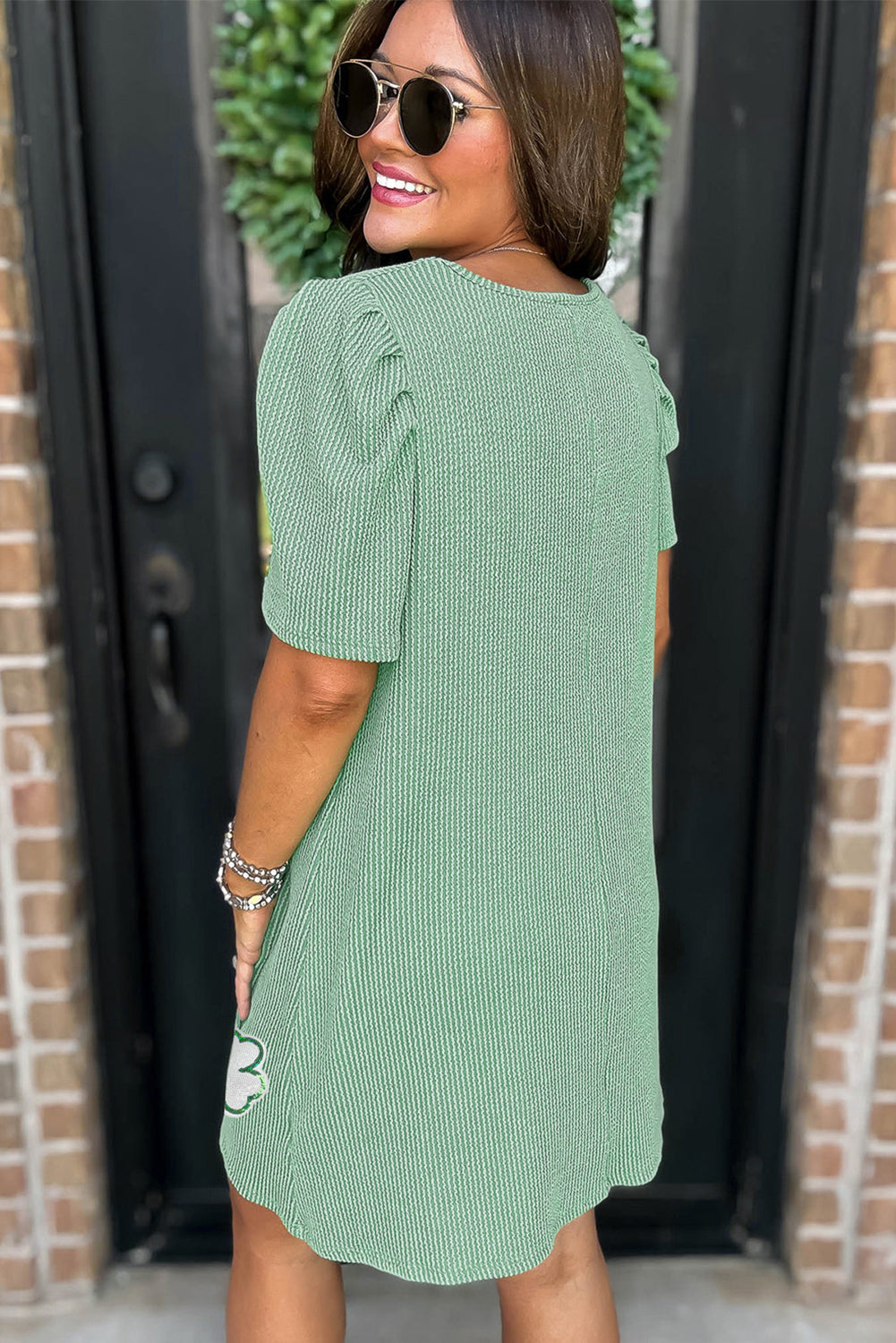 Mint Green Sequin Clover Graphic Puff Sleeve Corded T Shirt Dress-TOPS / DRESSES-[Adult]-[Female]-2022 Online Blue Zone Planet