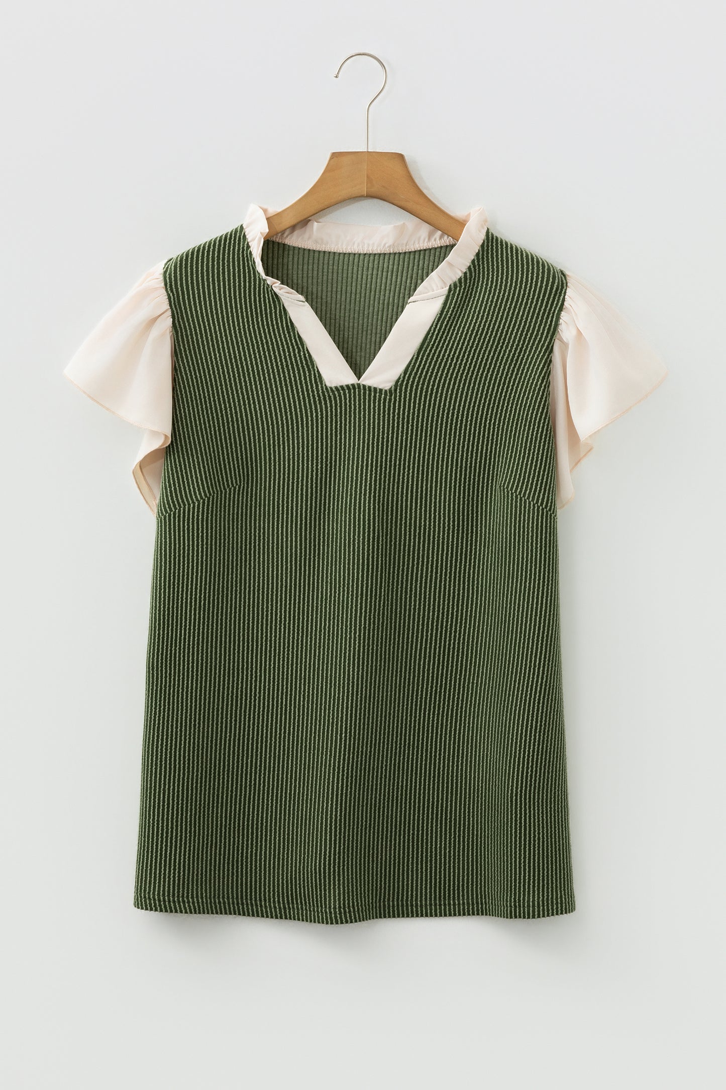 Vineyard Green Plus Size Contrast Frilled Neckline Ruffled Short Sleeve Ribbed Textured Blouse-Plus Size/Plus Size Tops/Plus Size Blouses & Shirts-[Adult]-[Female]-2022 Online Blue Zone Planet