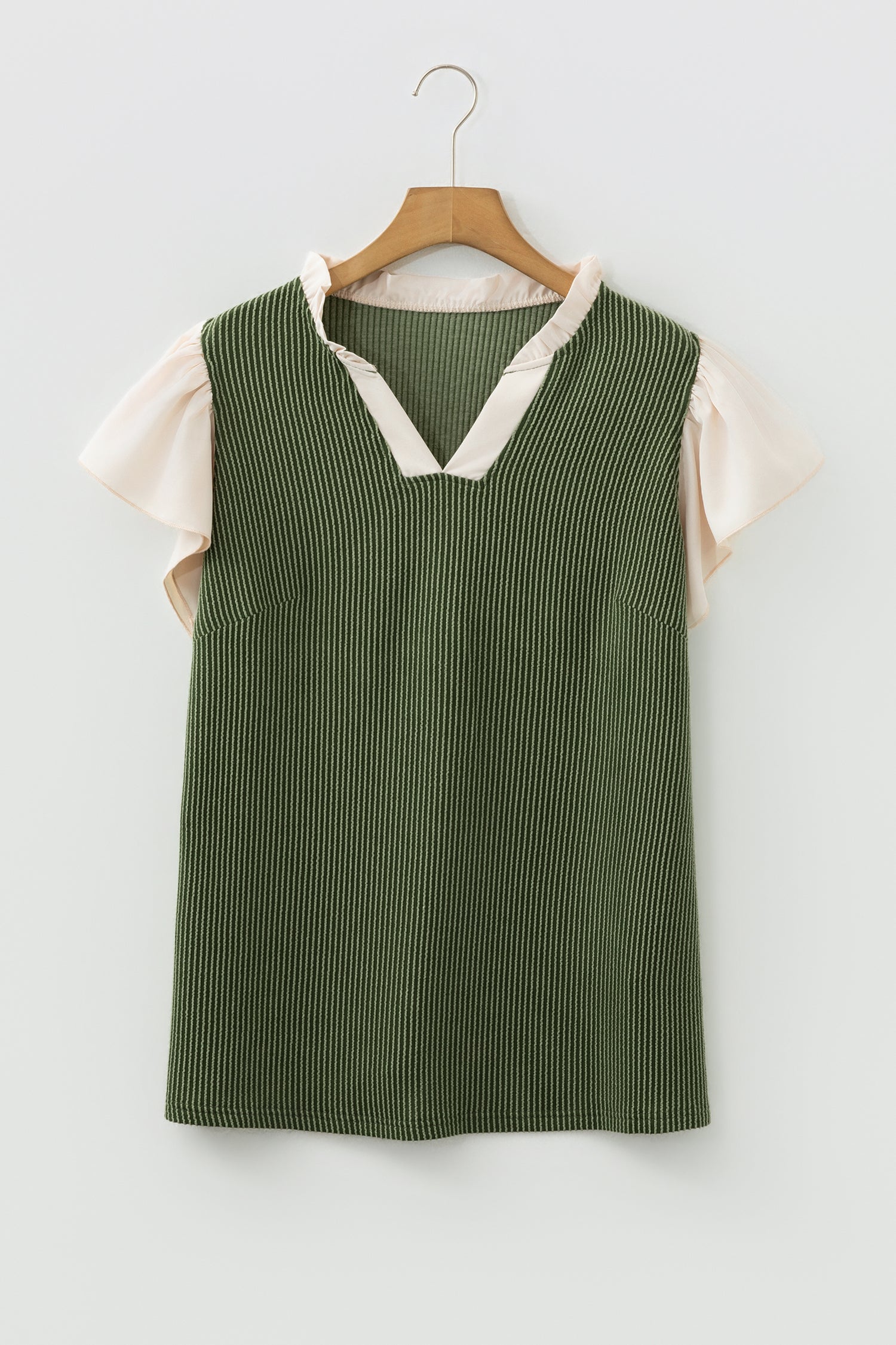 Vineyard Green Plus Size Contrast Frilled Neckline Ruffled Short Sleeve Ribbed Textured Blouse-Plus Size/Plus Size Tops/Plus Size Blouses & Shirts-[Adult]-[Female]-2022 Online Blue Zone Planet