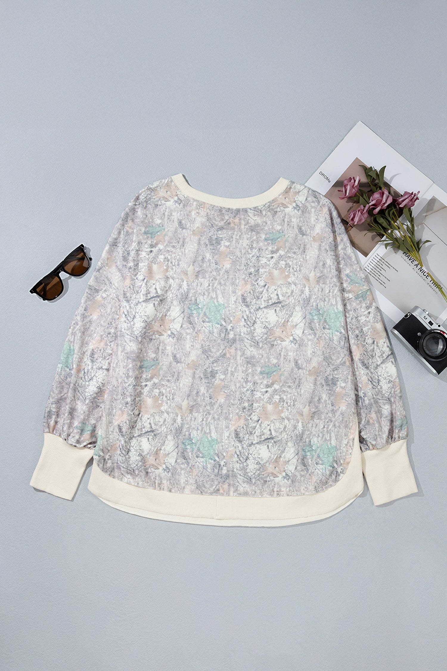 Khaki Camouflage Print Round Neck Long Sleeve Shift Plus Size Sweatshirt-Plus Size/Plus Size Sweatshirts & Hoodies-[Adult]-[Female]-2022 Online Blue Zone Planet