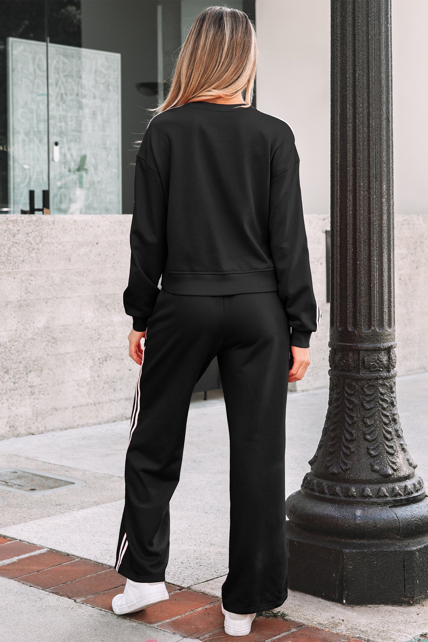 Gray Morn Varsity Striped Detail Crewneck Pullover Elastic Sweatpants 2pcs Outfit-Two Piece Sets/Pant Sets-[Adult]-[Female]-2022 Online Blue Zone Planet