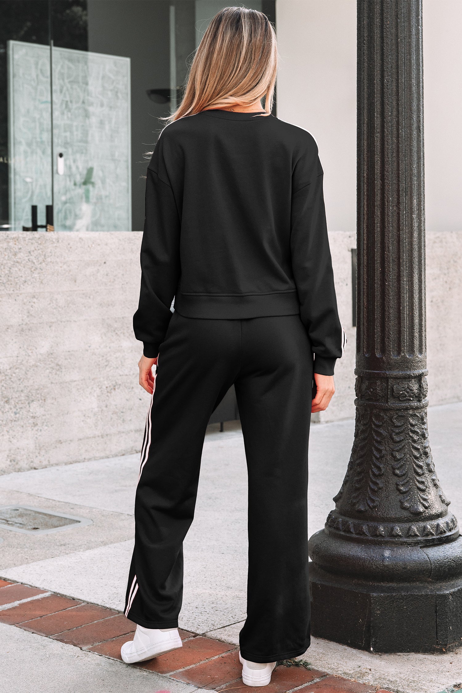 Gray Morn Varsity Striped Detail Crewneck Pullover Elastic Sweatpants 2pcs Outfit-Two Piece Sets/Pant Sets-[Adult]-[Female]-2022 Online Blue Zone Planet