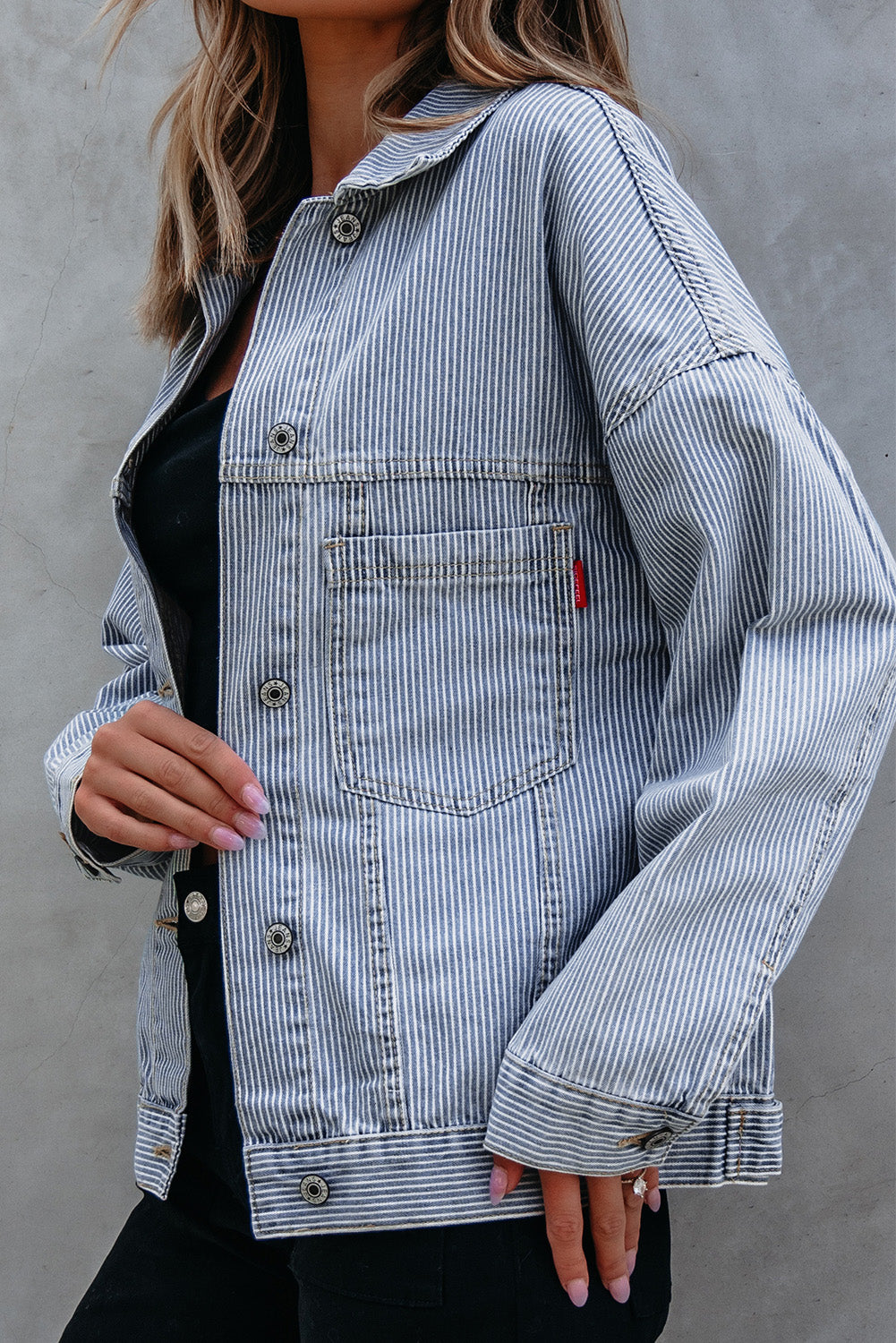 Blue Zone Planet | Sky Blue Stripe Washed Oversize Pocketed Denim Jacket-Outerwear/Denim jackets-[Adult]-[Female]-2022 Online Blue Zone Planet