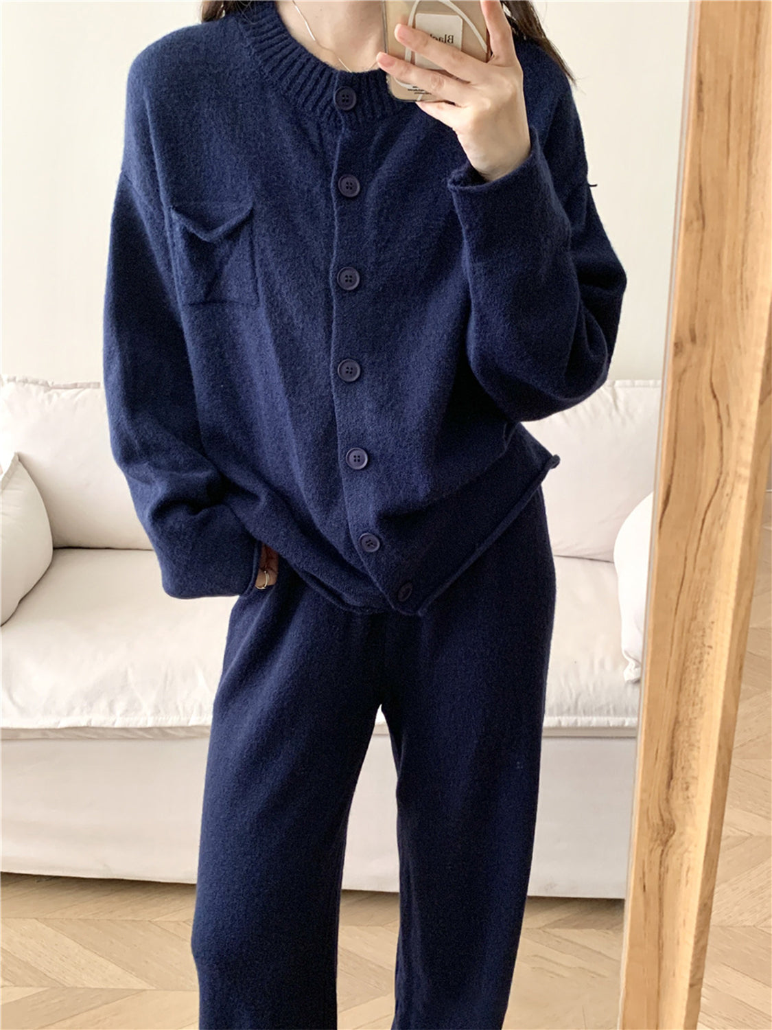 Pocketed Round Neck Button Up Cardigan and Pants Sweater Set-TOPS / DRESSES-[Adult]-[Female]-2022 Online Blue Zone Planet