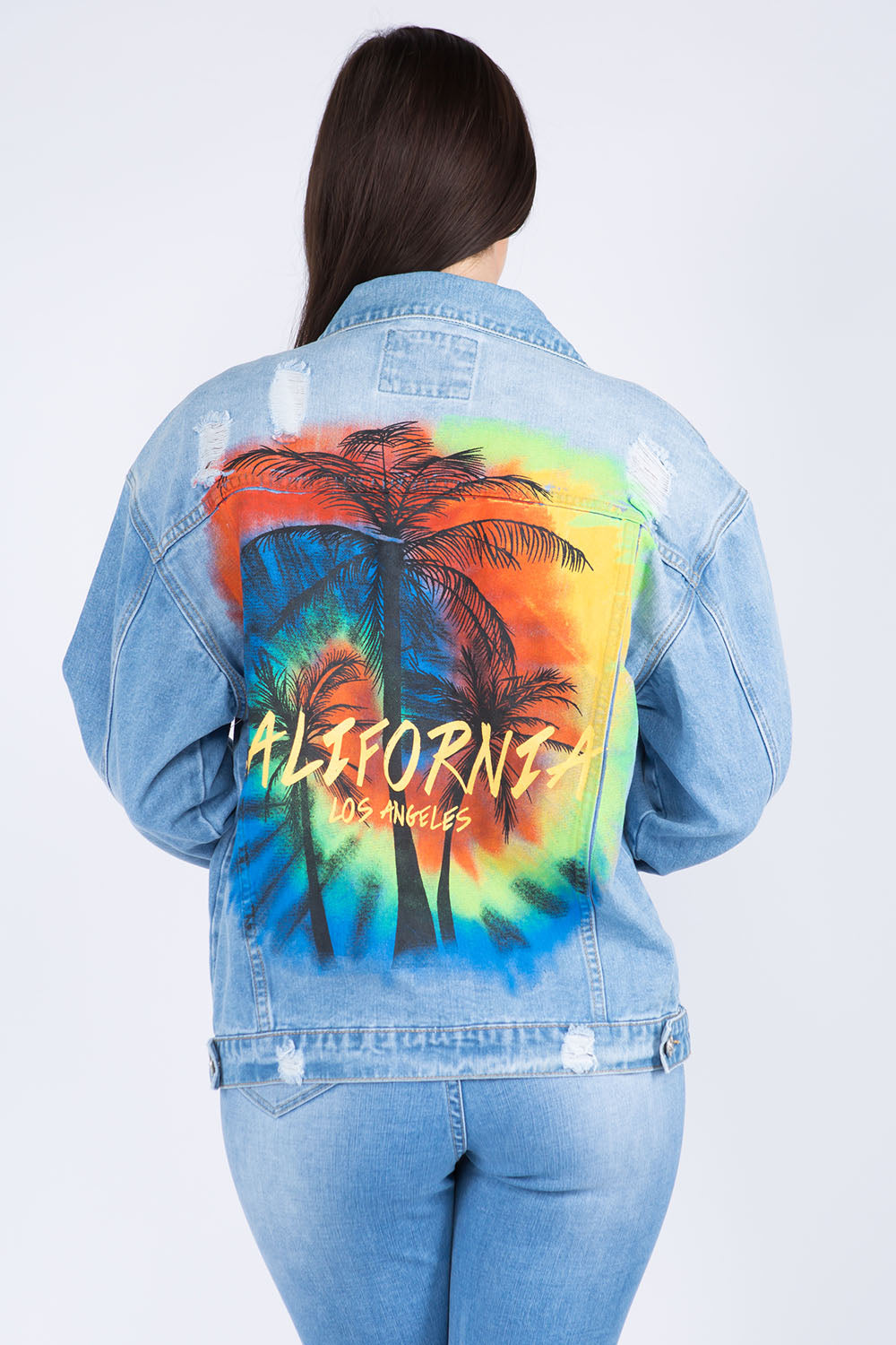 American Bazi Full Size Painted Back Distressed Denim Jacket-TOPS / DRESSES-[Adult]-[Female]-2022 Online Blue Zone Planet