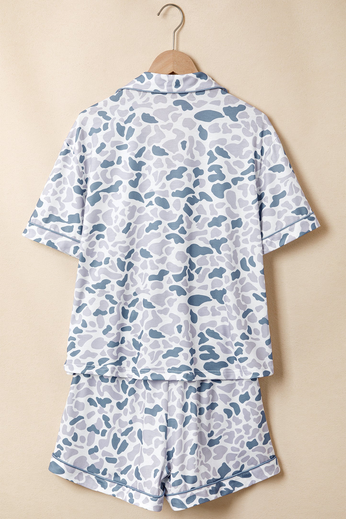 Beige Camouflage Print Lapel Shirt Drawstring 2pcs Short Pajama Set-Loungewear & Sleepwear/Sleepwear-[Adult]-[Female]-2022 Online Blue Zone Planet
