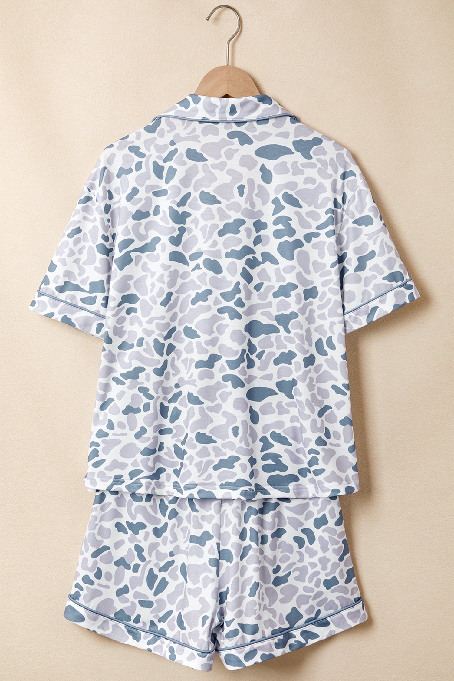 Beige Camouflage Print Lapel Shirt Drawstring 2pcs Short Pajama Set-Loungewear & Sleepwear/Sleepwear-[Adult]-[Female]-2022 Online Blue Zone Planet